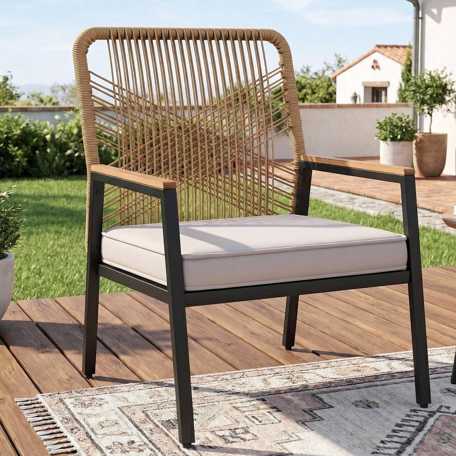 LIFERUN Gartenstuhl Rattan 1er Set, Terrassenstühle, Balkonstühle Metall