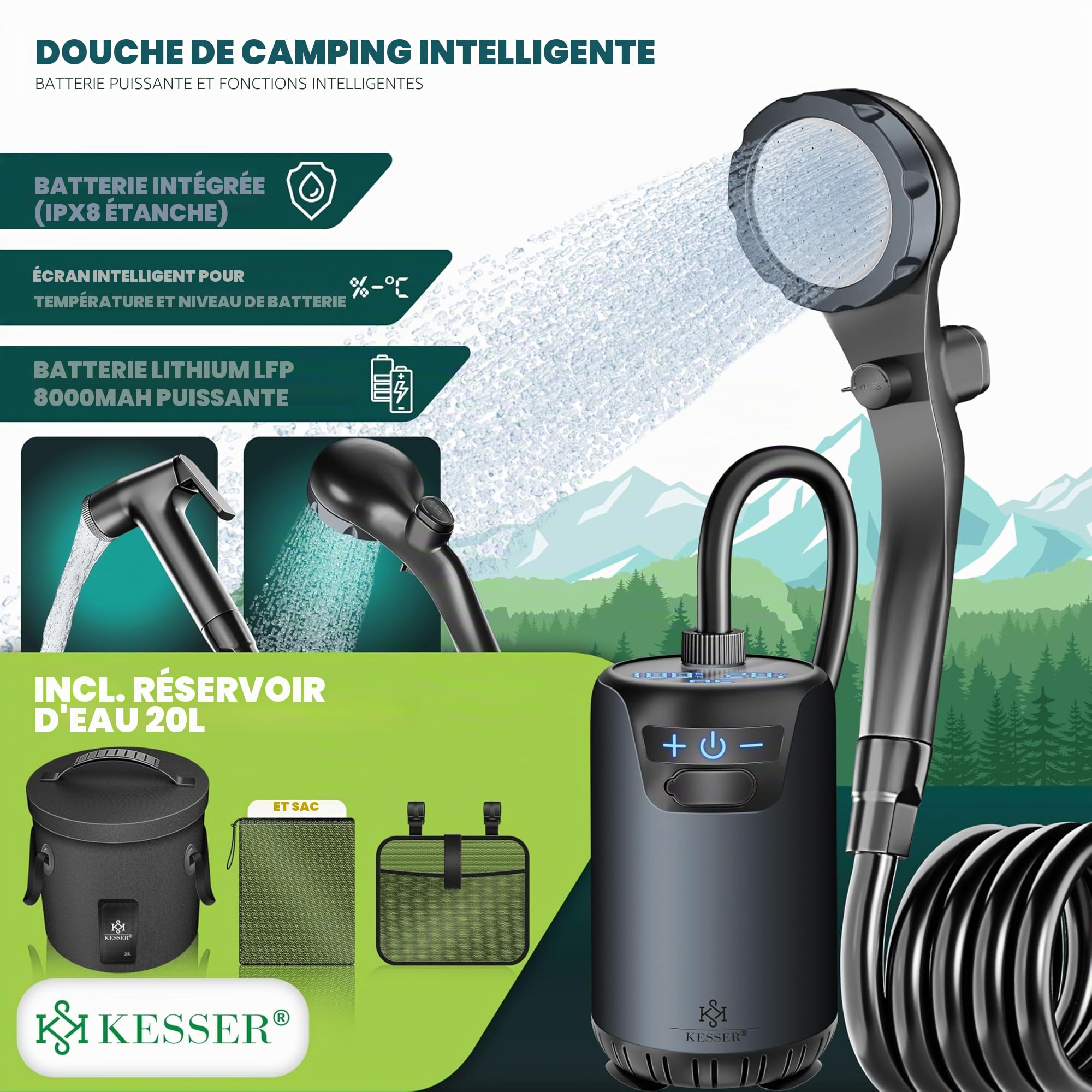 KESSER® Douche solaire de camping avec pompe et batterie rechargeable 4000 mAh - Kit de douche de camping avec pommeau de douche réglable, tuyau de 2 m, pistolet pulvérisateur et support