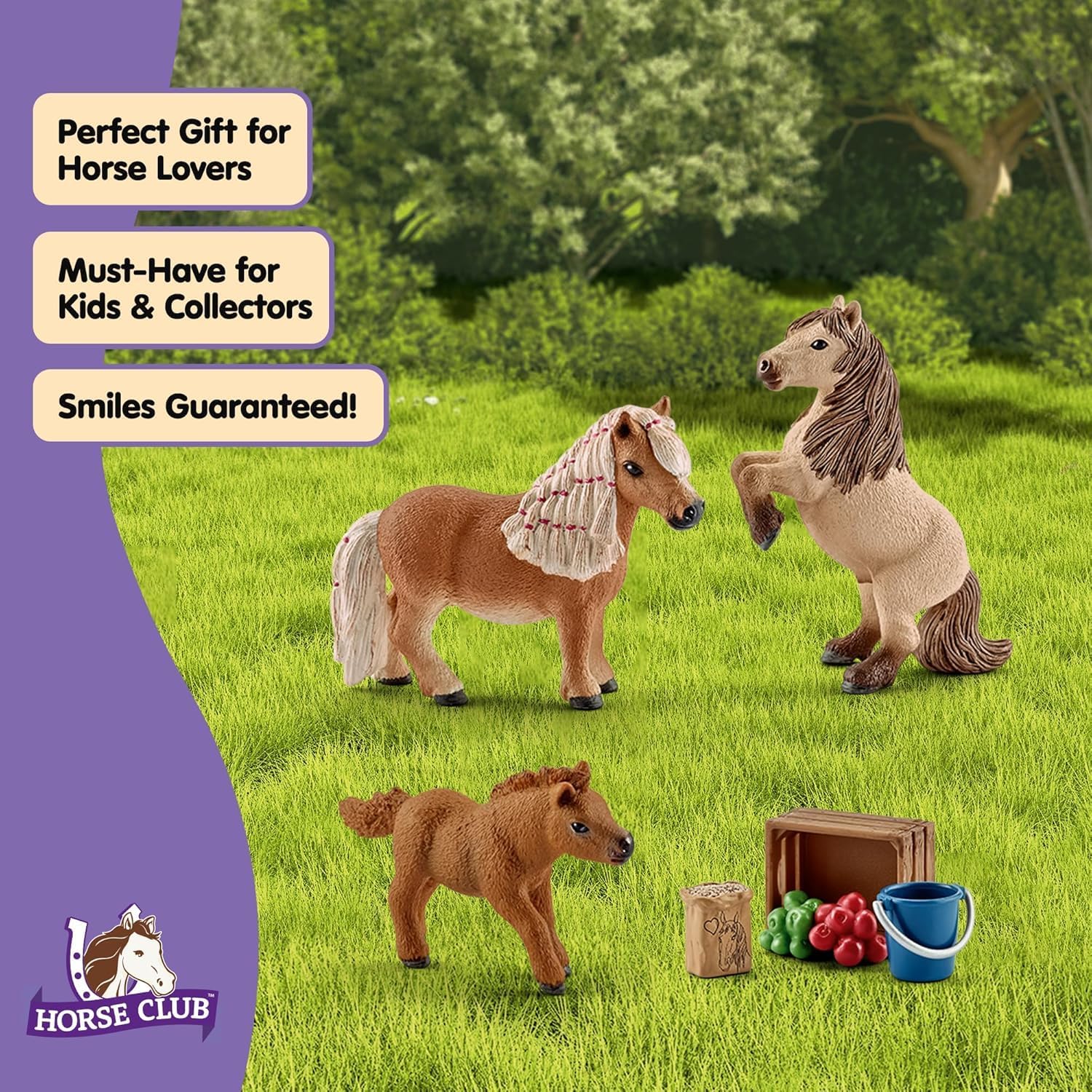 Schleich Horse Club - 8 PC Miniature Shetland Pony Family Playset - Mare, Stallion, and Baby Mini Horse Figurines and Accessories - Realistic Equestrian Toys for Girls and Boys Ages 5+ | 41432