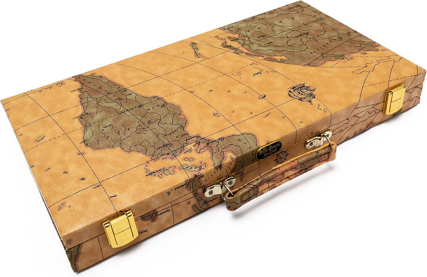 United Nations of New York, Deluxe Rummy Set with Large Size Engraved Numbers & Wooden Racks in a Vintage Style Map Case