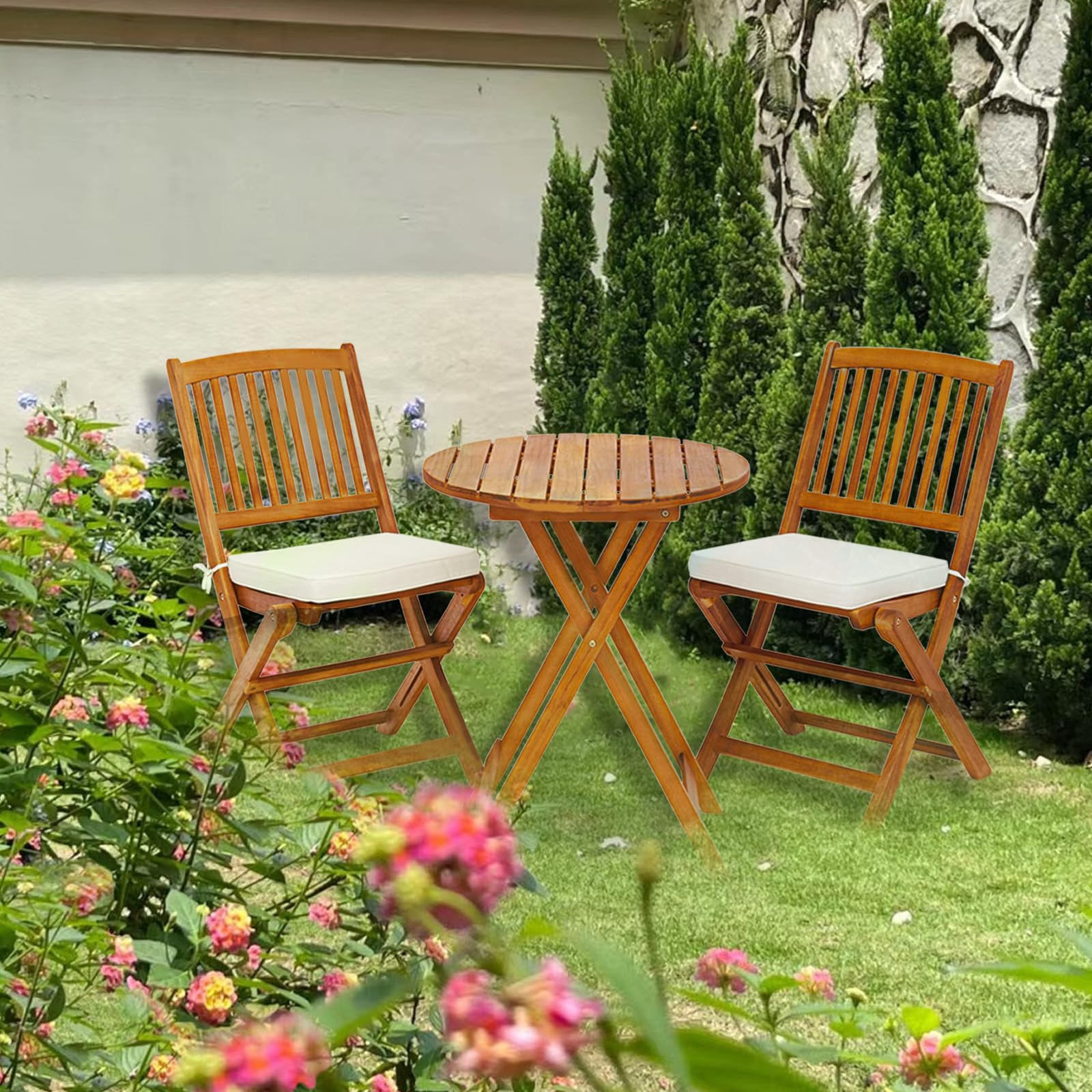 LIFEZEAL Set da Bistrò per Balcone Pieghevole, Set di Mobili da Esterno, 3 Pezzi, Set Tavolo e Sedie da Giardino con Cuscino Imbottito in Legno di Acacia, Tavolo Portato 80kg, Sedie Portate 160kg