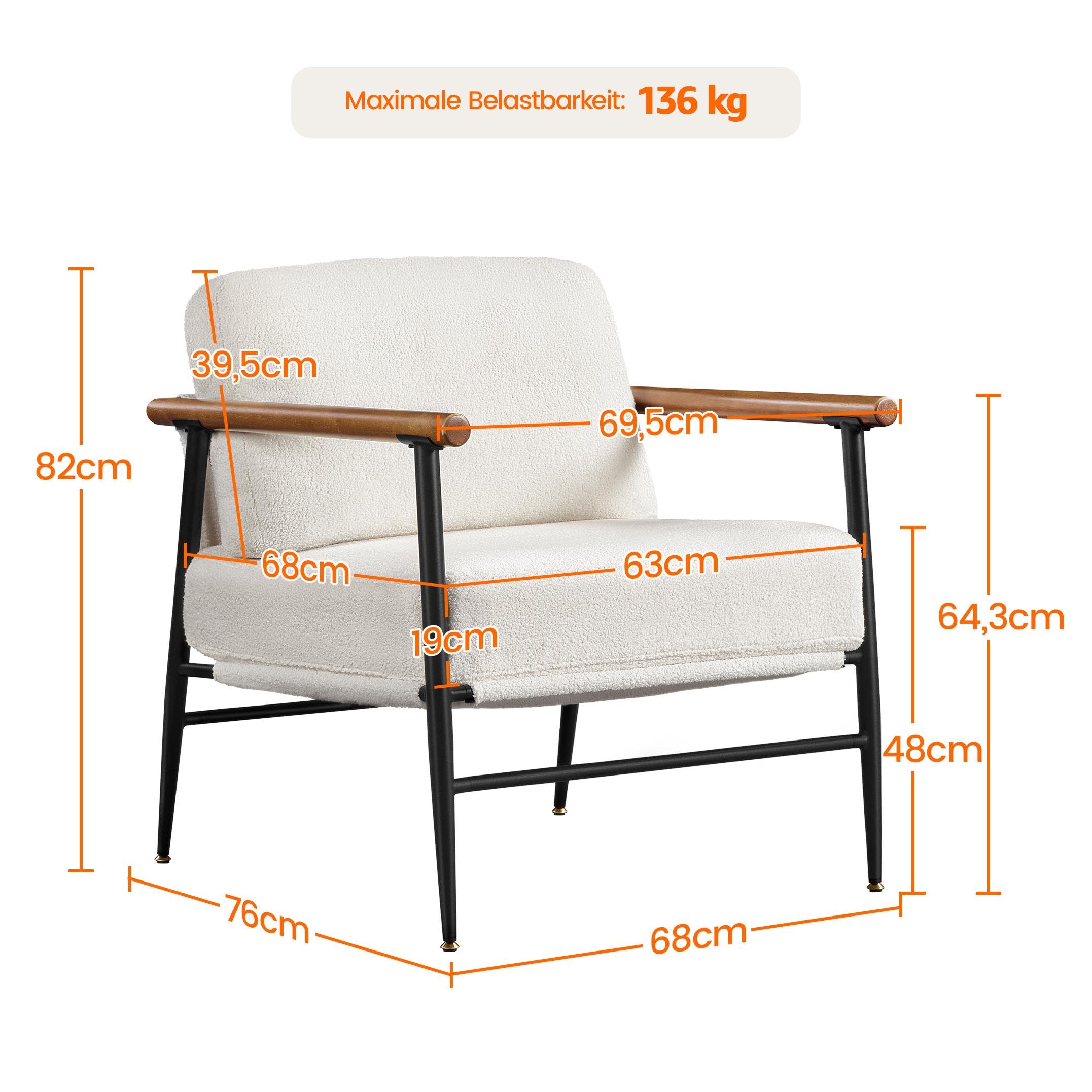 Yaheetech Sessel Wohnzimmer Polstersessel aus atmungsaktivem Stoff & Armlehnen modern Loungesessel Relaxsessel bis 136 kg belastbar, für Wohnzimmer, Schlafzimmer Elfenbein