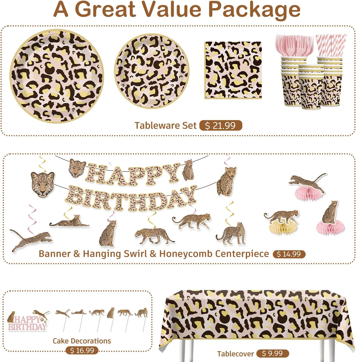 Cheetah Birthday Decorations, Leopard Party Animal Theme Tableware Cheetah Print Banner, Balloons, Cake Toppers, Pink and Cheetah Party Plates and Napkins Set with 2Pcs Tablecloth for Birthday