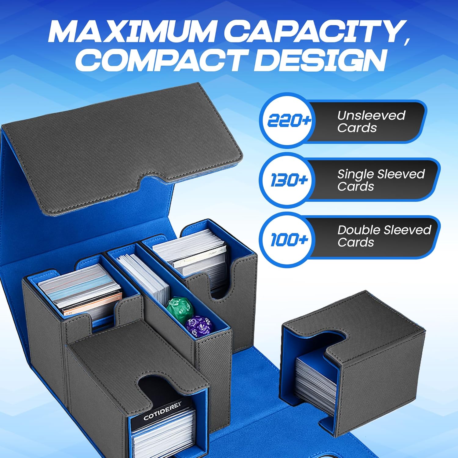 NOVA 5 in 1 MTG Deck Box Commander Case - MTG Deck Box with Secure Magnetic Closure, Dice Tray & Card Dividers - 400+ Double-Sleeved Card Storage, Travel Ready Case [Black and Blue]