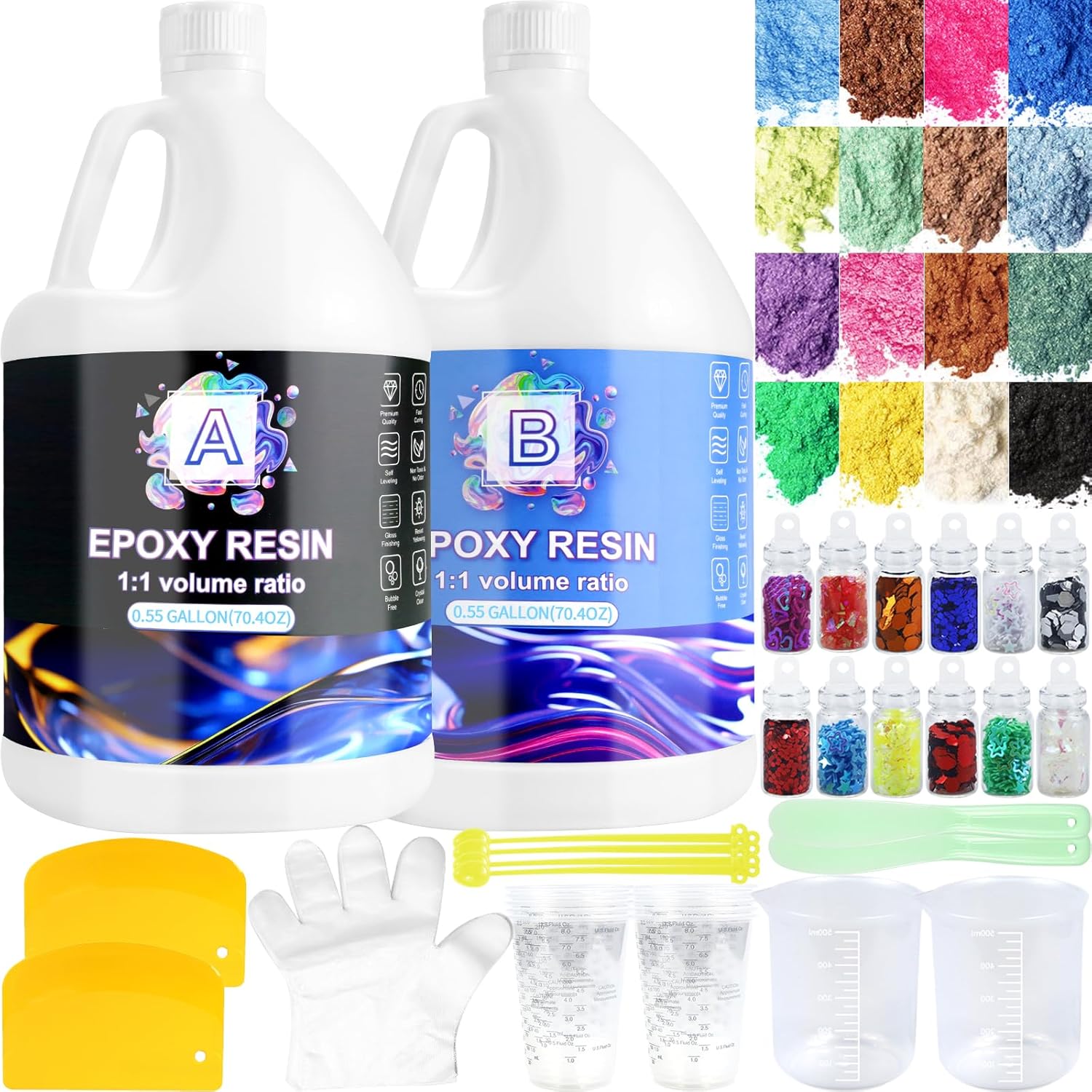 Pmbqifay Epoxy Resin Kit, 1.1 Gallon Clear Resin Epoxy, High-Gloss, No Bubbles, Not Yellowing, Self-Leveling for DIY Art, Crafts, Jewelry, Table Top, Wood & Resin Molds