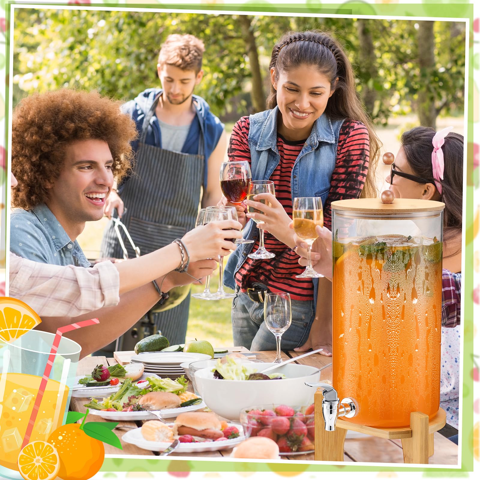 FillTouch Paquete de 2 dispensadores de bebidas de vidrio de 3 galones para fiestas, dispensadores de bebidas con soporte, espiga y tapa de bambú, a prueba de fugas para jugo, té, agua, limonada y