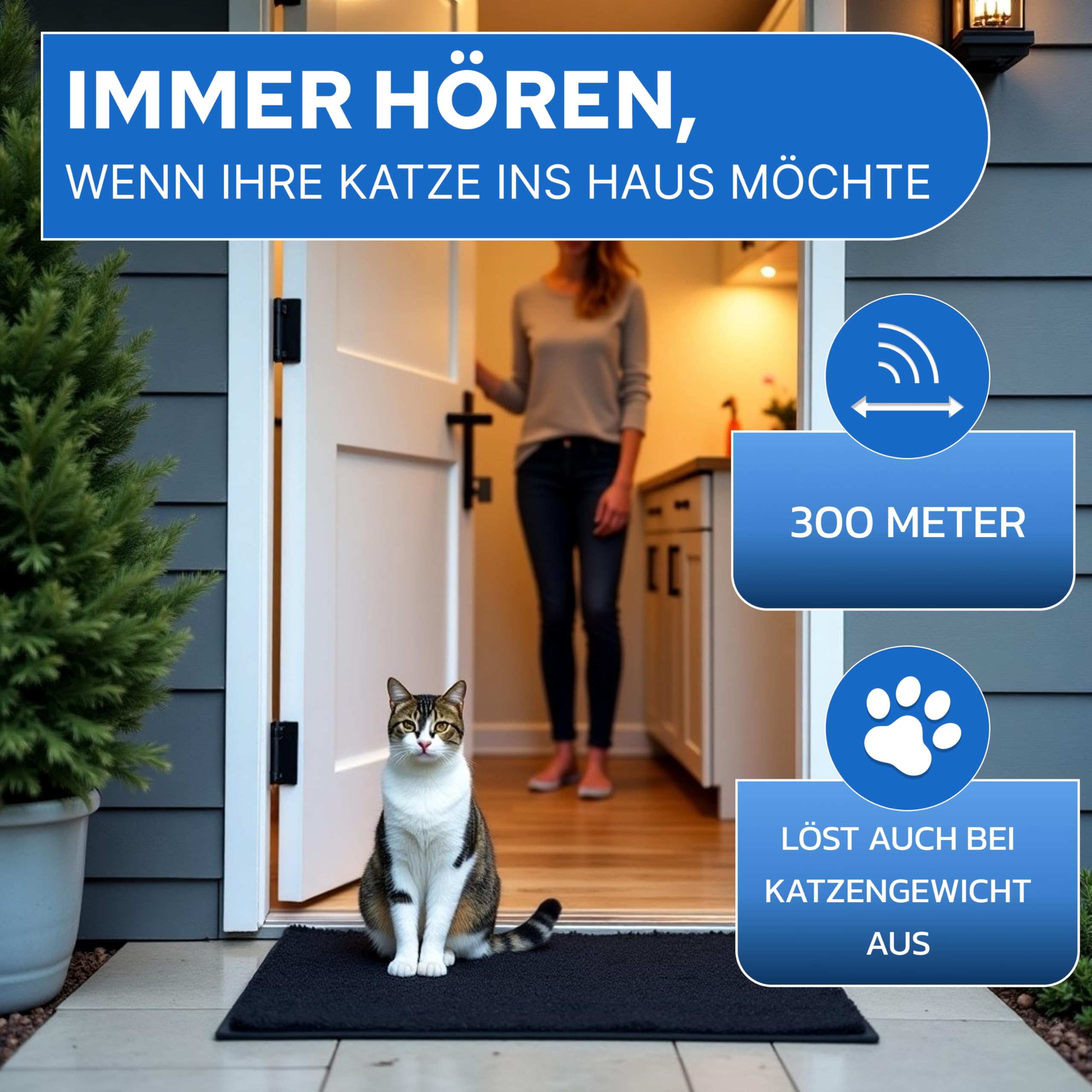 m-e Katzenklingel Matte – Funk-Klingelmatte für Katzen – Bewegungssensitiv – Katzenklingel mit Bewegungsmelder für Außen & Innen – 56 x 36 cm, kabellos mit Funk-Empfänger