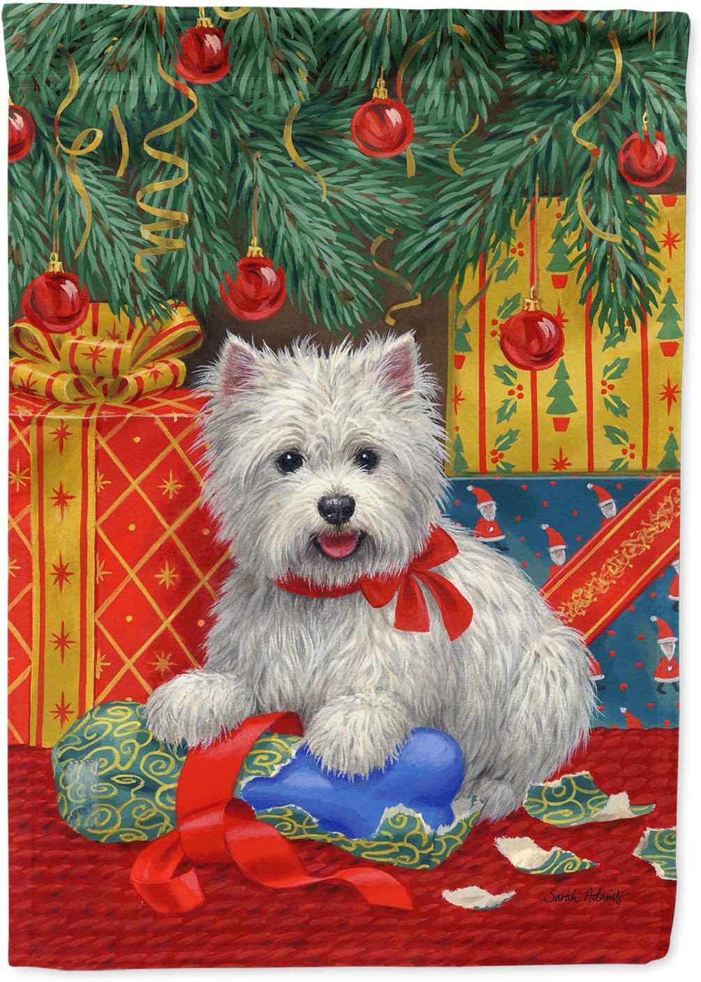 Caroline's Treasures ASA2080CHF Westie Christmas Packages House Flag Large Porch Sleeve Pole Decorative Outside Yard Banner Artwork Wall Hanging, Polyester, House Size, Multicolor