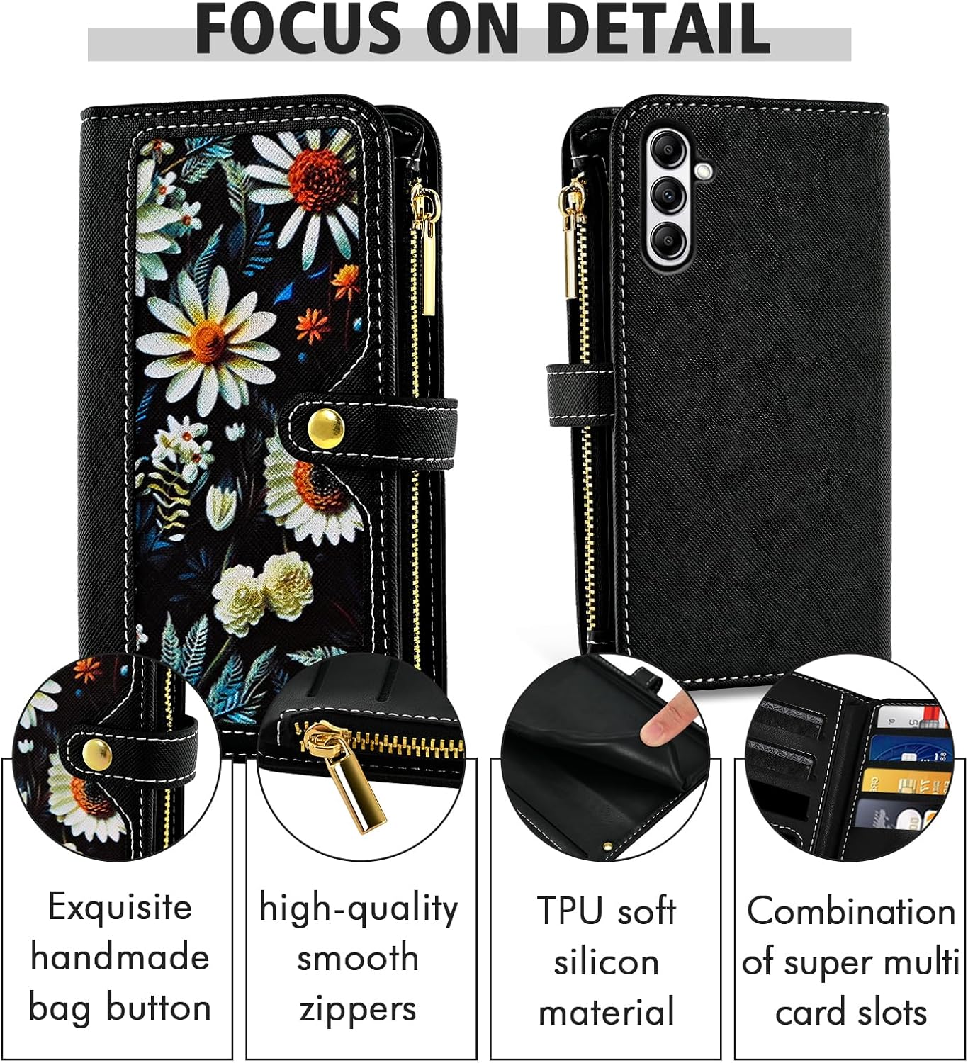 Floral Wallet Case for Samsung Galaxy A15 5G/4G with Wrist Strap Shoulder Strap Flip Zipper Purse, Luxury PU Leather Card Holder Stand Accessories Cell Phone Cover for A 15 G5 15A Women Black