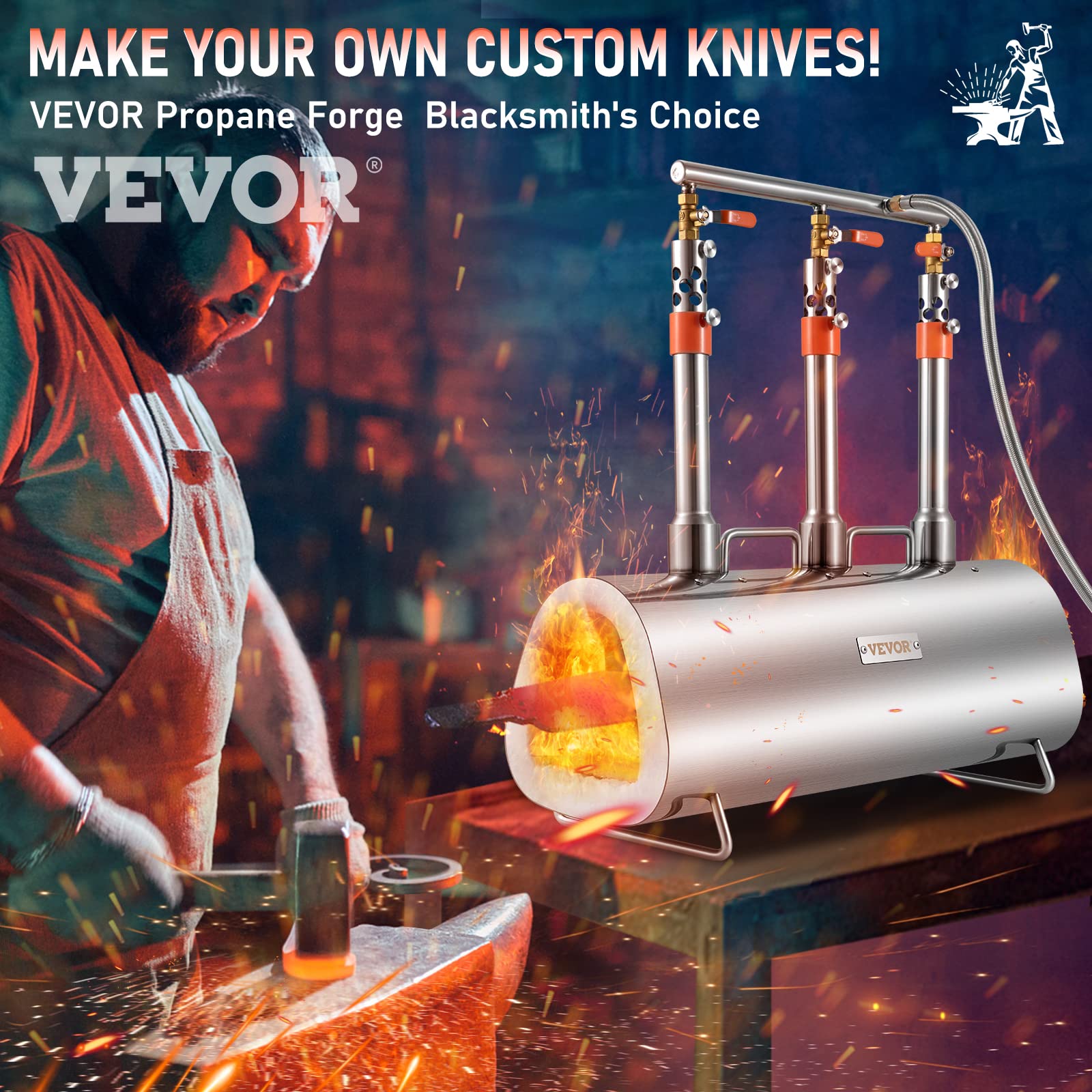 VEVOR Forge à Gaz Propane Portable, Four de Forge à Gaz Ovale avec 3 Brûleurs, Température Max 1427 ℃, Outils et Équipements de Forgeage au Gaz en Inox, pour Couteliers Maréchaux-Ferrants Forgerons