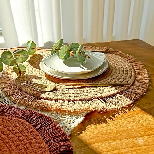 Miniatura 7 de Juego de 4 manteles individuales redondos de algodón, tejido lavable, para mesas de comedor, 14 pulgadas, resistentes al calor, manteles