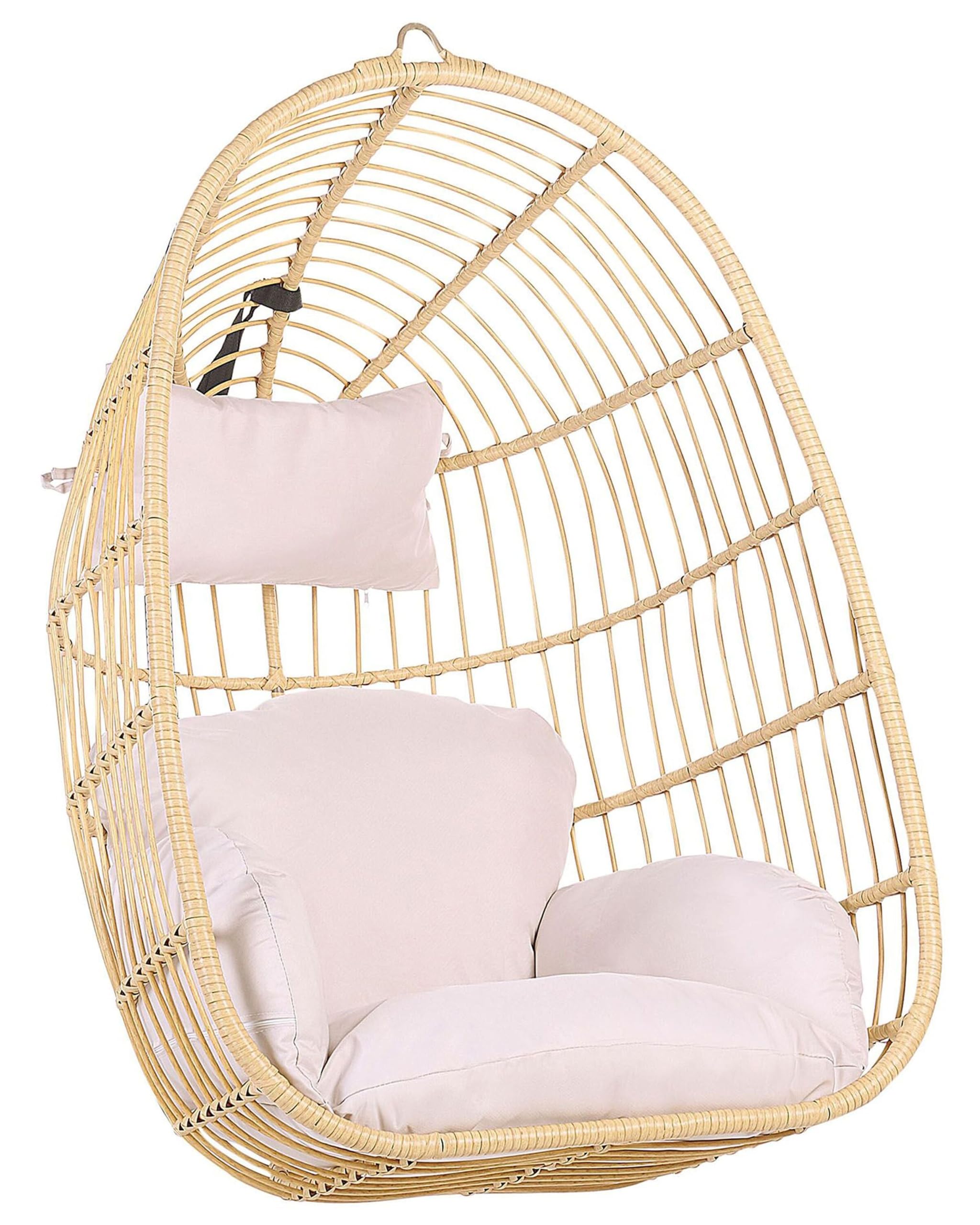Boho fotel wiszący bujany jajo rattanowy beżowy z poduchami Casoli
