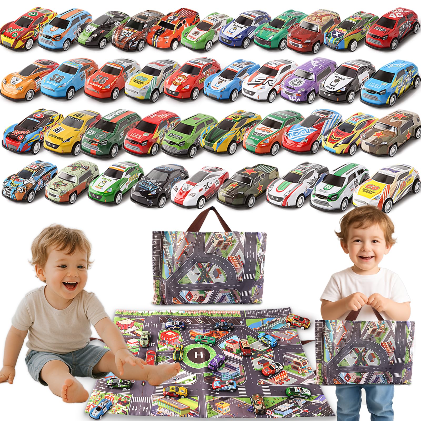 Varrotoy 40 PCS Kids Pull Back Toy Cars with Play Mat,Mini Racing Cars Toy Set,Friction Powered Vehicles,Play Vehicles Set for Boys and Girls 3 4 5 6 7 Years Old(Random)
