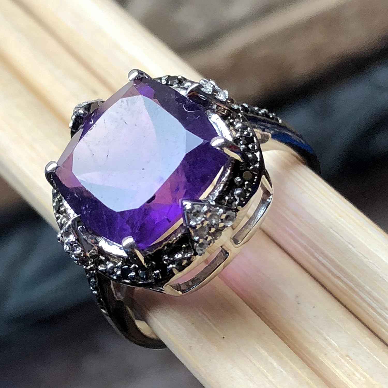 Natural 4.5ct Purple Amethyst, Black Spinel, White Topaz 925 Solid Sterling Silver Wedding Ring Size 7 - Image 4