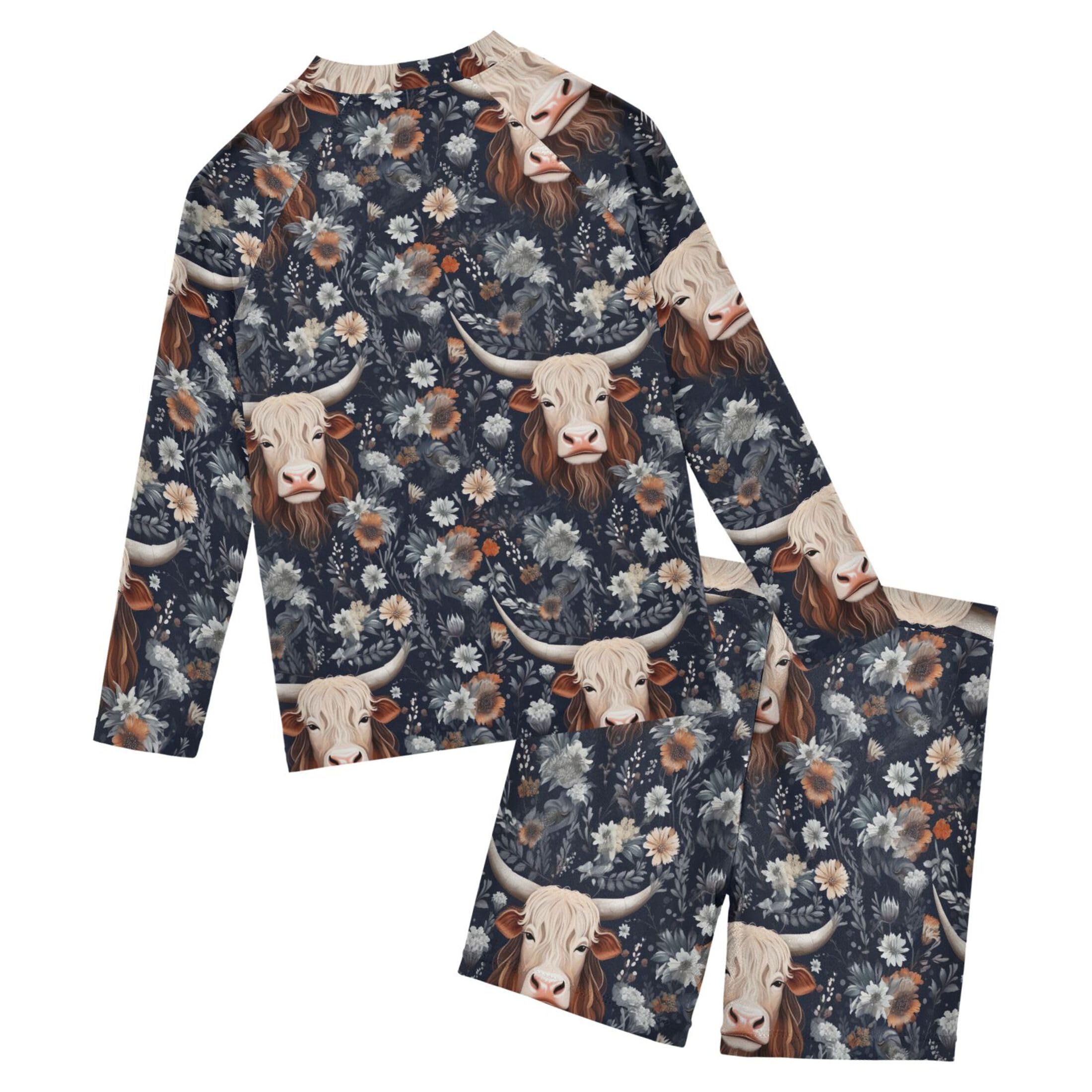 Highland Cow Flowers Animal Baby Boys' Toddler Long Sleeved Rashguard Swim Bathing Suit Set B0403264