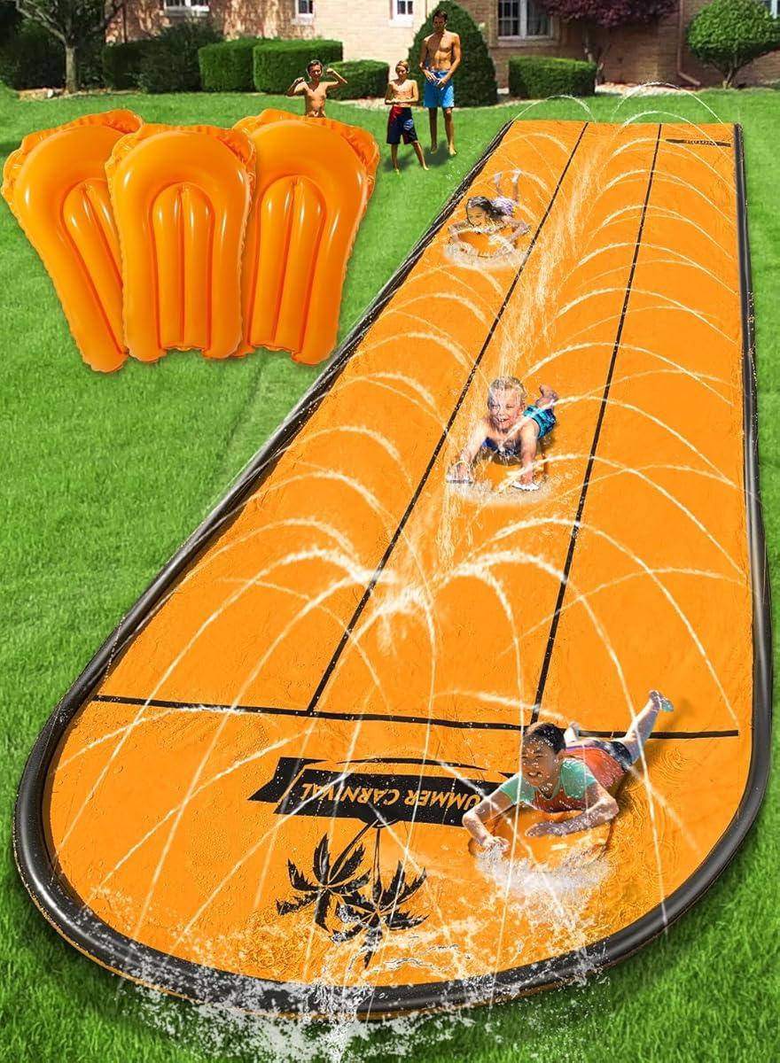 Spring Water Slip and Water Slide for Kids Backyard, 17ft*3 Racing Lanes Slip Water Slides with Sprinkler for Age 4-8 8-12, Summer Outdoor Water Toy with 3 Inflatable Bodyboards