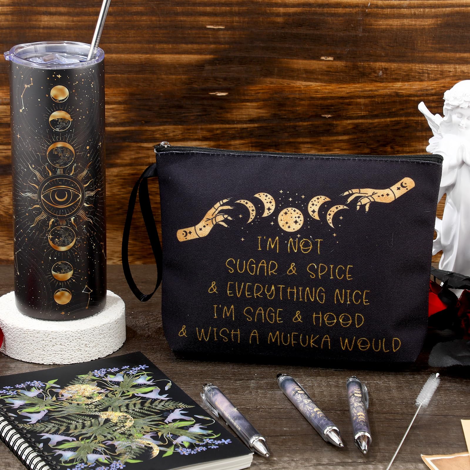 FoldTier 6 Pcs Gothic Witch Gift 1 Moon Phase Tumbler with Lids and Straw 1 Witchy Makeup Bag & 1 Journal Notebook 3 Inspirational Ballpoint Pens Xmas Witchcraft Lover Gift for Women Friends