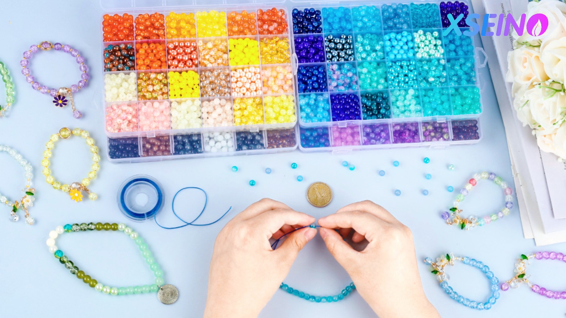 XSEINO 1200PCS Glass Beads Bracelet Making Kit - 48 Colorful 8mm Beads For DIY Jewelry, Friendship Bracelets & Crafts