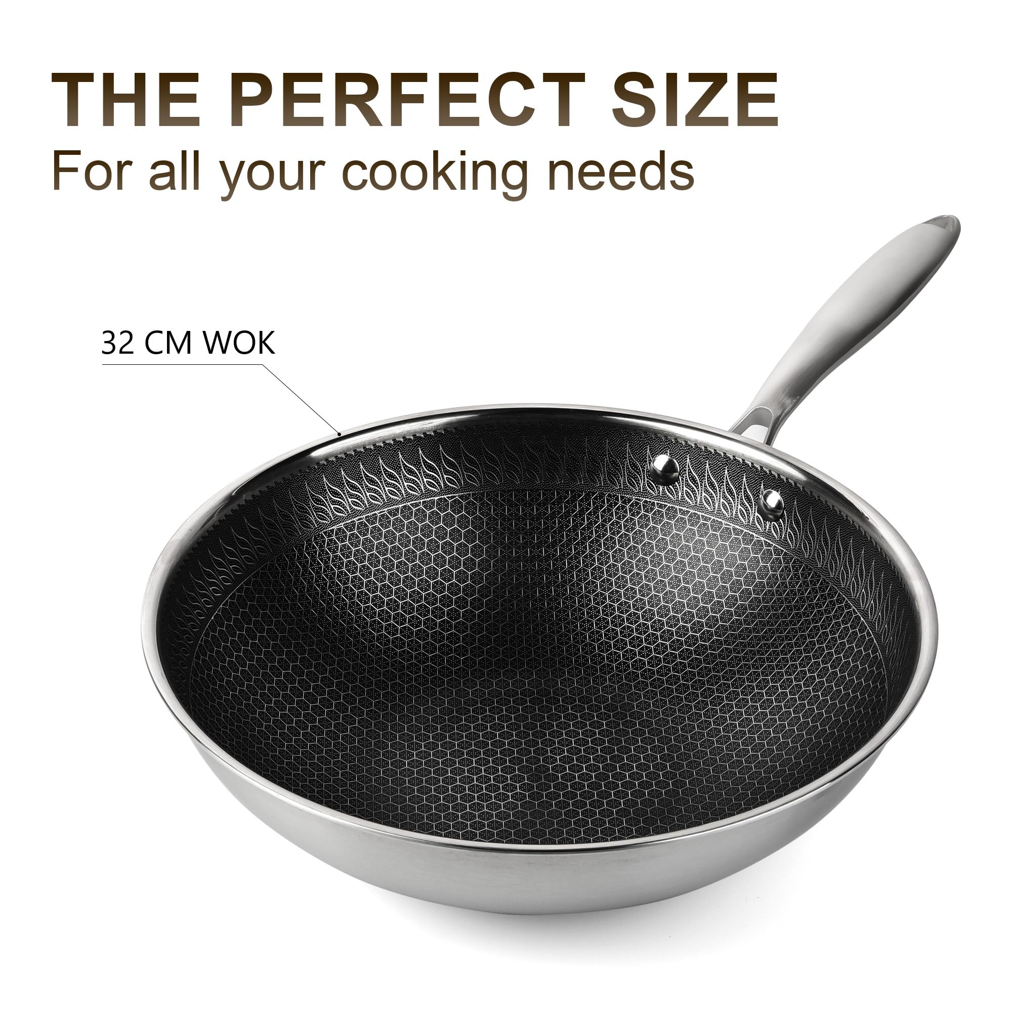 Wok Van Roestvrij Staal, Wokpan Met Anti-aanbaklaag En Deksel, Dubbelzijdige Honingraat 3-laags Voorkom Plakkende Braadpan, Koken Wok Koekenpan, Compatibel Met Inductie(32cm (with lid and ears