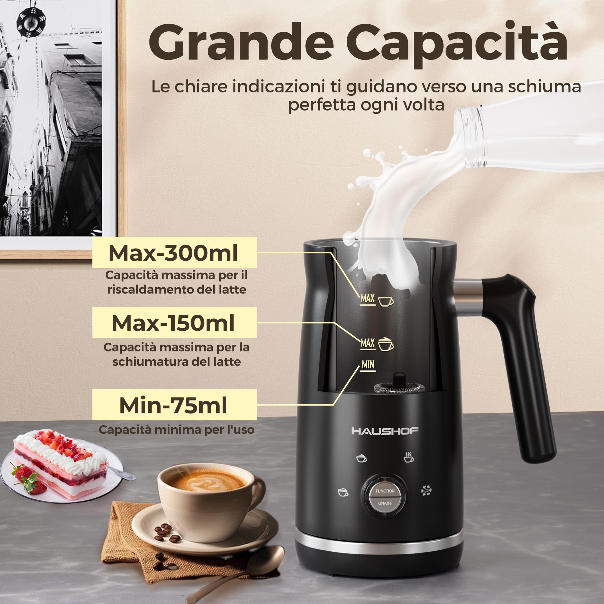 HAUSHOF Montalatte Elettrico 4 in 1 con Doppio Interruttore, Macchina per Cappucino, Scaldalatte, Schiuma Latte, Capacità Massima 300 ml, Nero