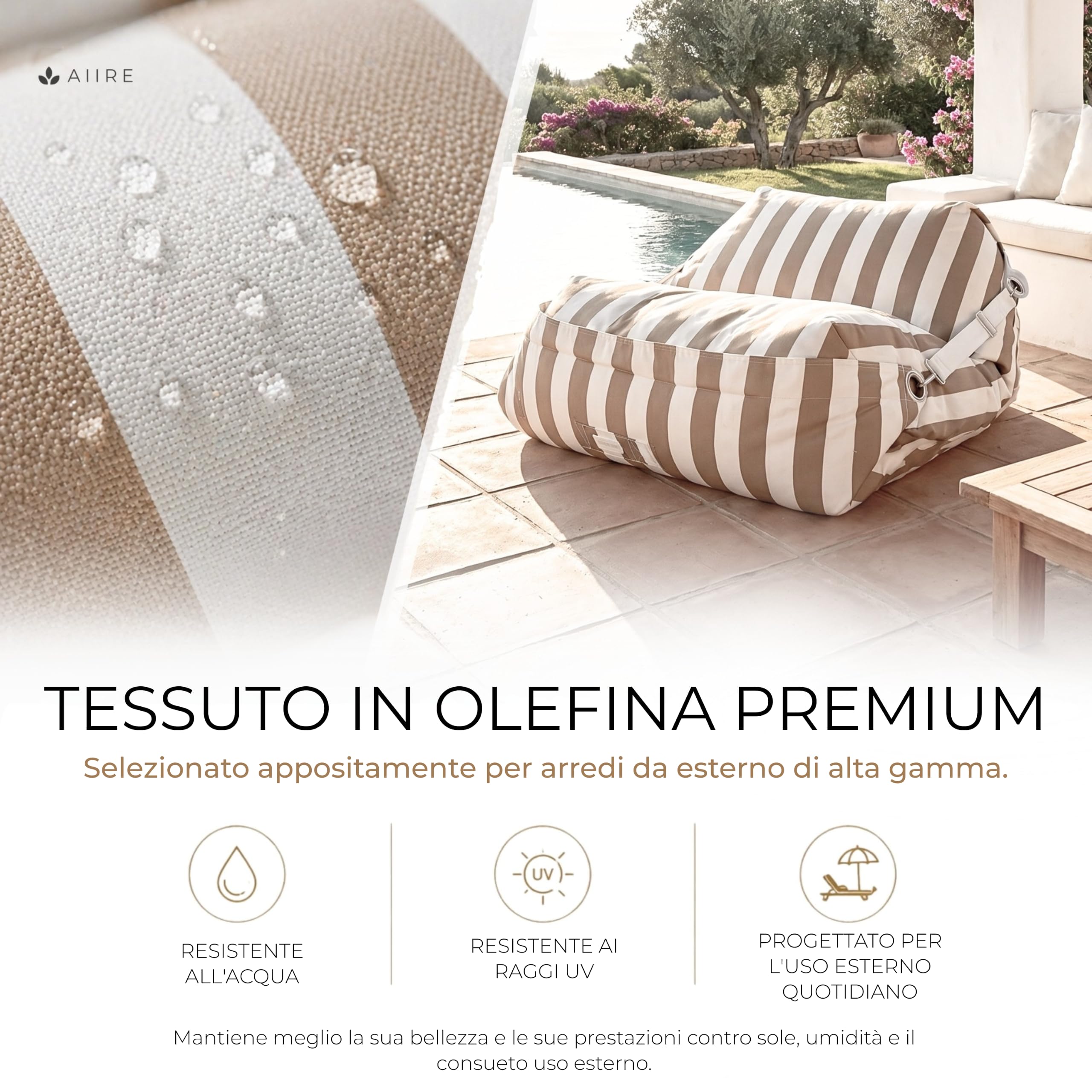 Aiire Pouf Esterno Design in Olefina - [180x140] Puffo per Sedersi Moderno con Imbottitura - Puff Poltrona a Sacco per Piscina, Giardino o Terrazza - Bean Bag o Cuscini da Pavimento XXL Beige | Puff In Olefina Da Design, Per Piscina, Giardino O Terrazza,
