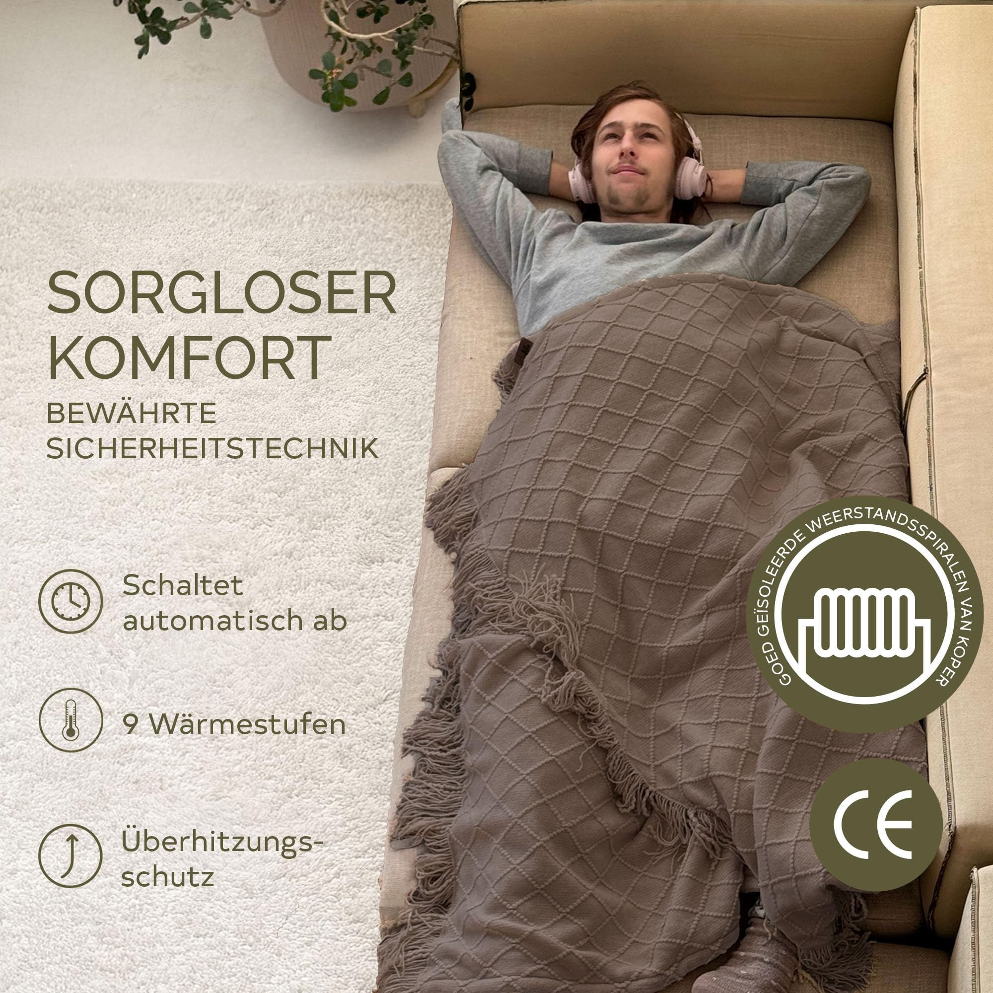 Groenland BOHEM Sofa Heizdecke 180 x 130 cm – Wärmedecke mit 9 Heizstufen & Auto-off-Timer bis 9 h – Elektrische Heizdecke mit Abschaltautomatik – Beheizte Decke für Bett, maschinenwaschbar Umber wood