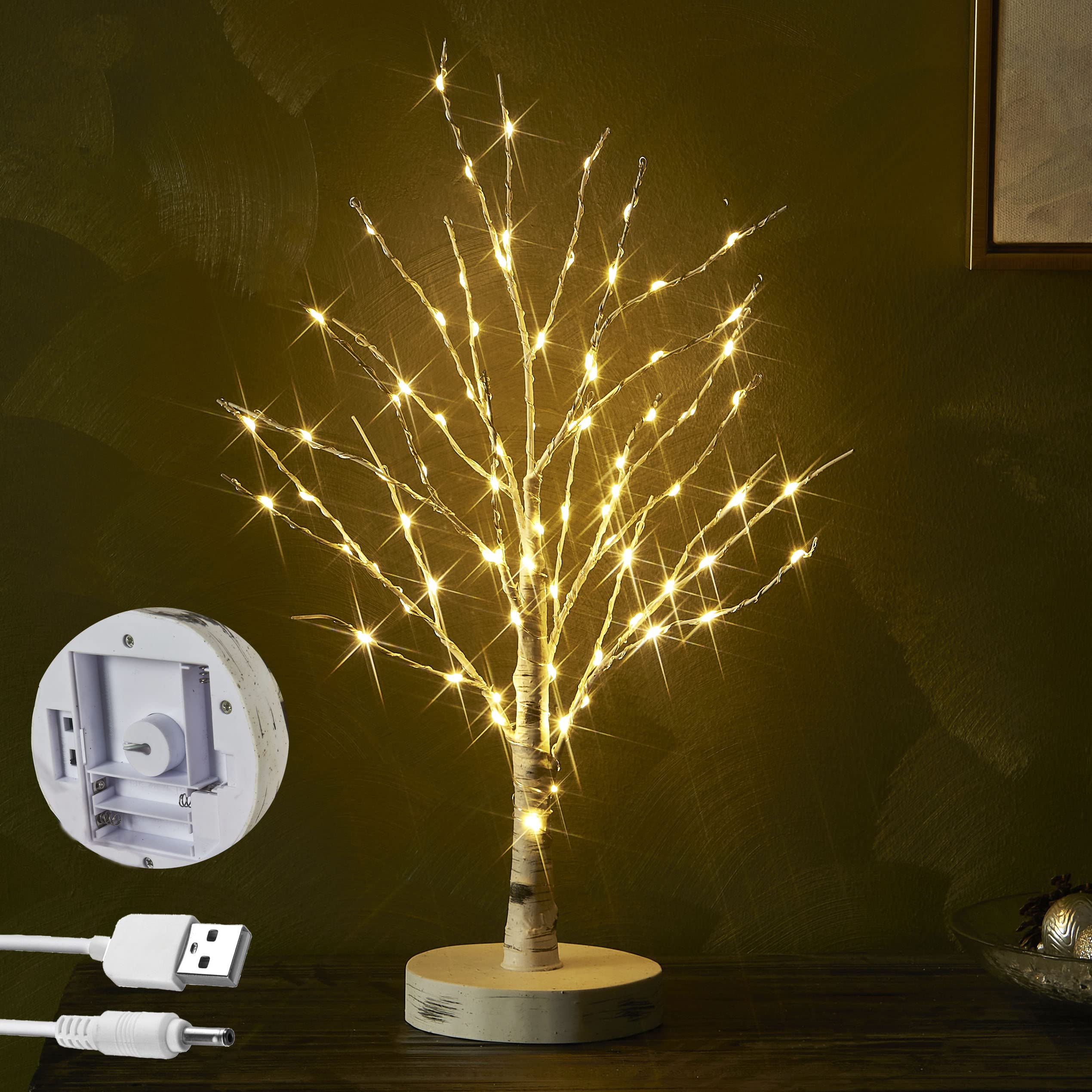 BAOLITVINE Birch Tree with Lights 18IN 80 LED Fairy Lights, Lighted Tree with Timer Battery Operated or USB Powered for Home Wedding Party Festival Decoration (Birch Finish Base)