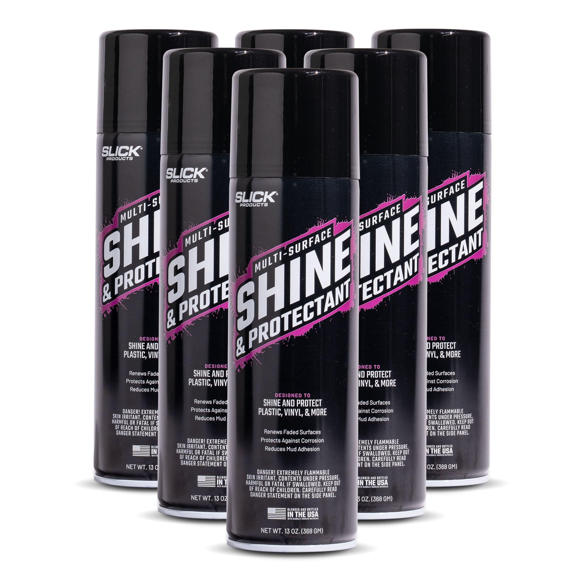 Slick Products Shine & Protectant, Long-Lasting High-Gloss Clear Coat Spray, Renew, Shine, and Protect Plastic, Vinyl, Rubber, Trim, and More (6-Pack)