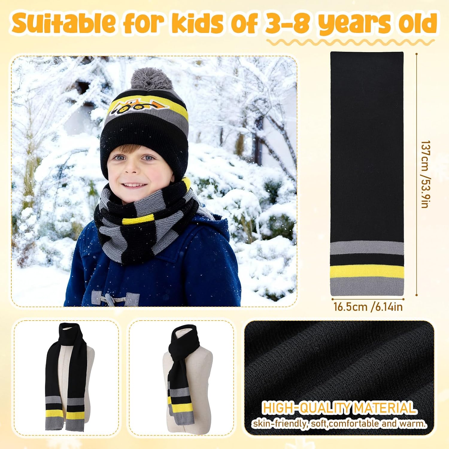 Cutecrop 3 Set Unicorn Kids Toddlers Winter Knit Hat Scarf Gloves Set for Boys Girls Age 4-7 Pompom Hat Mittens Scarves
