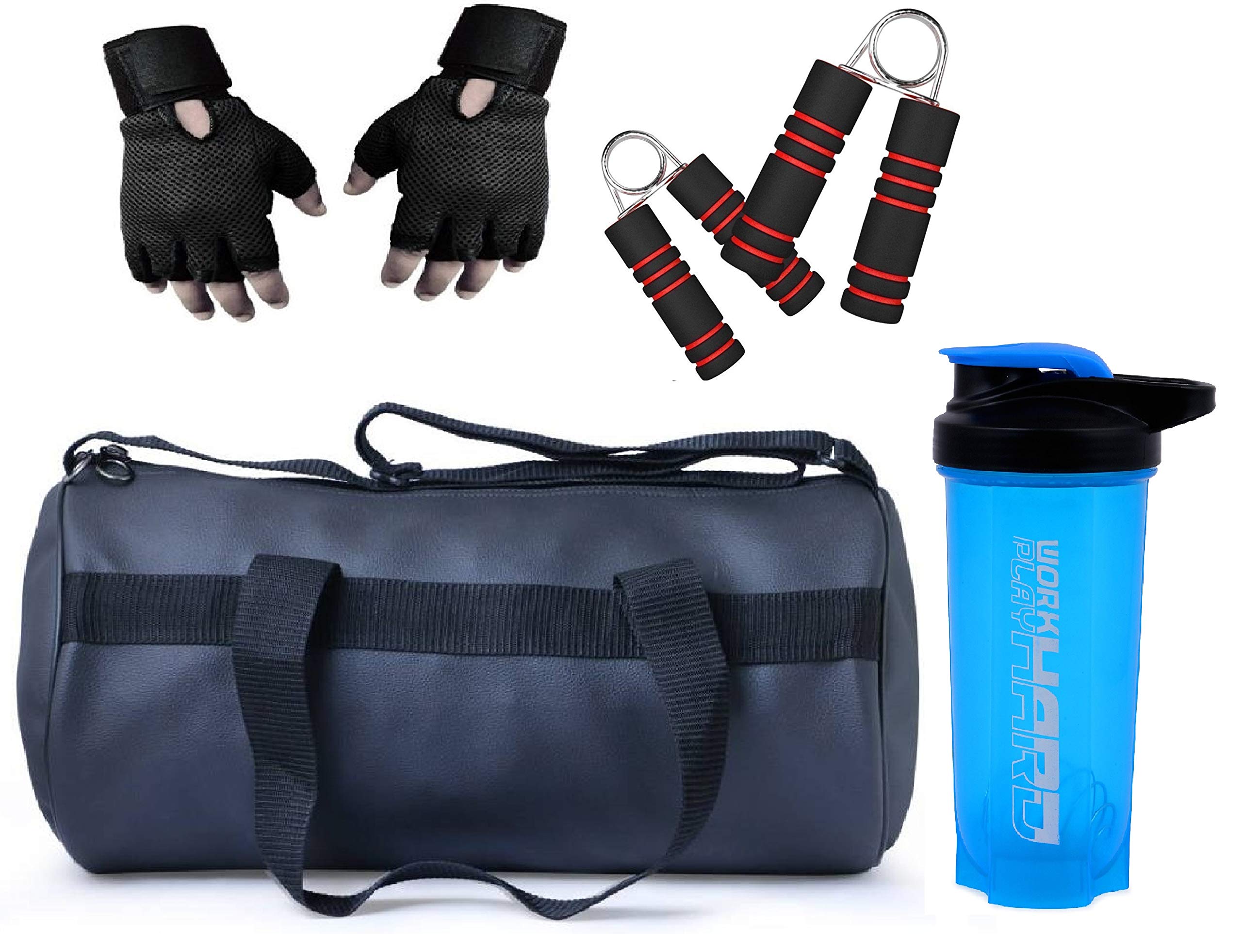 ALLIED SALES INDIA SGC-1515 Black 4 in 1 Pack New Combo Leather Antique Gym Bag, Protein Shaker,Gym Gloves with Wrist Support and Hand Strengthner Combo