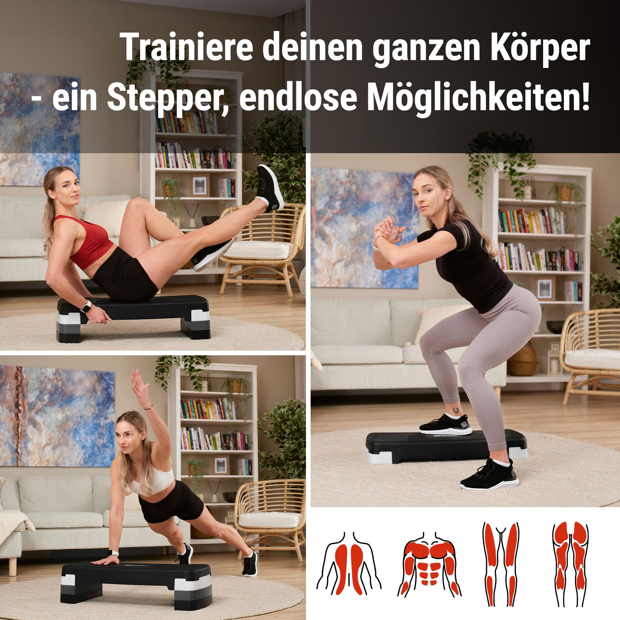 Hop-Sport Steppbrett HS-PP033AS für Zuhause - höhenverstellbarer Aerobic Stepper Fitness mit 3 Stufen & Anti-Rutsch-Oberfläche, Step bis 350KG belastbar