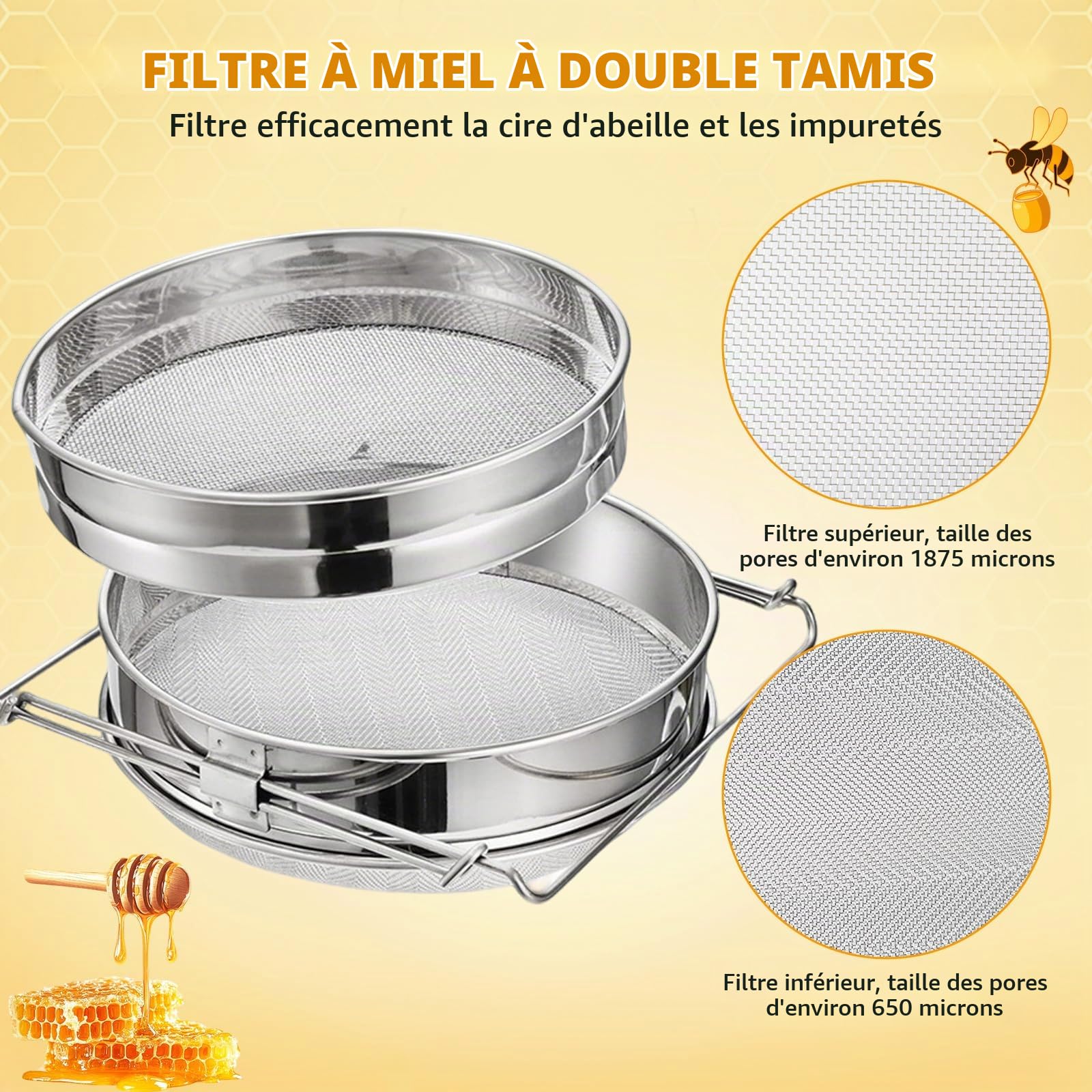 Filtre de Miel Double,Passoire à Miel en Acier Inoxydable avec Bras Extensibles,Tamis Filtrant pour Apiculture,Filtre pour Impuretés pour Seau de 5 Gallons,Apiculture équipement pour Rucher Set