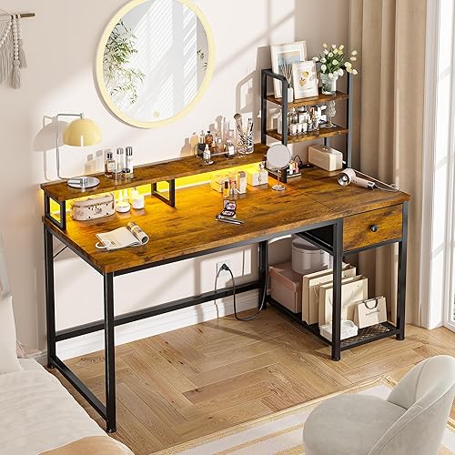 Miniatura 9 de EnHomee Escritorio para computadora de 44 pulgadas con alacena y cajones, escritorio reversible para oficina en casa con estante para monitor,