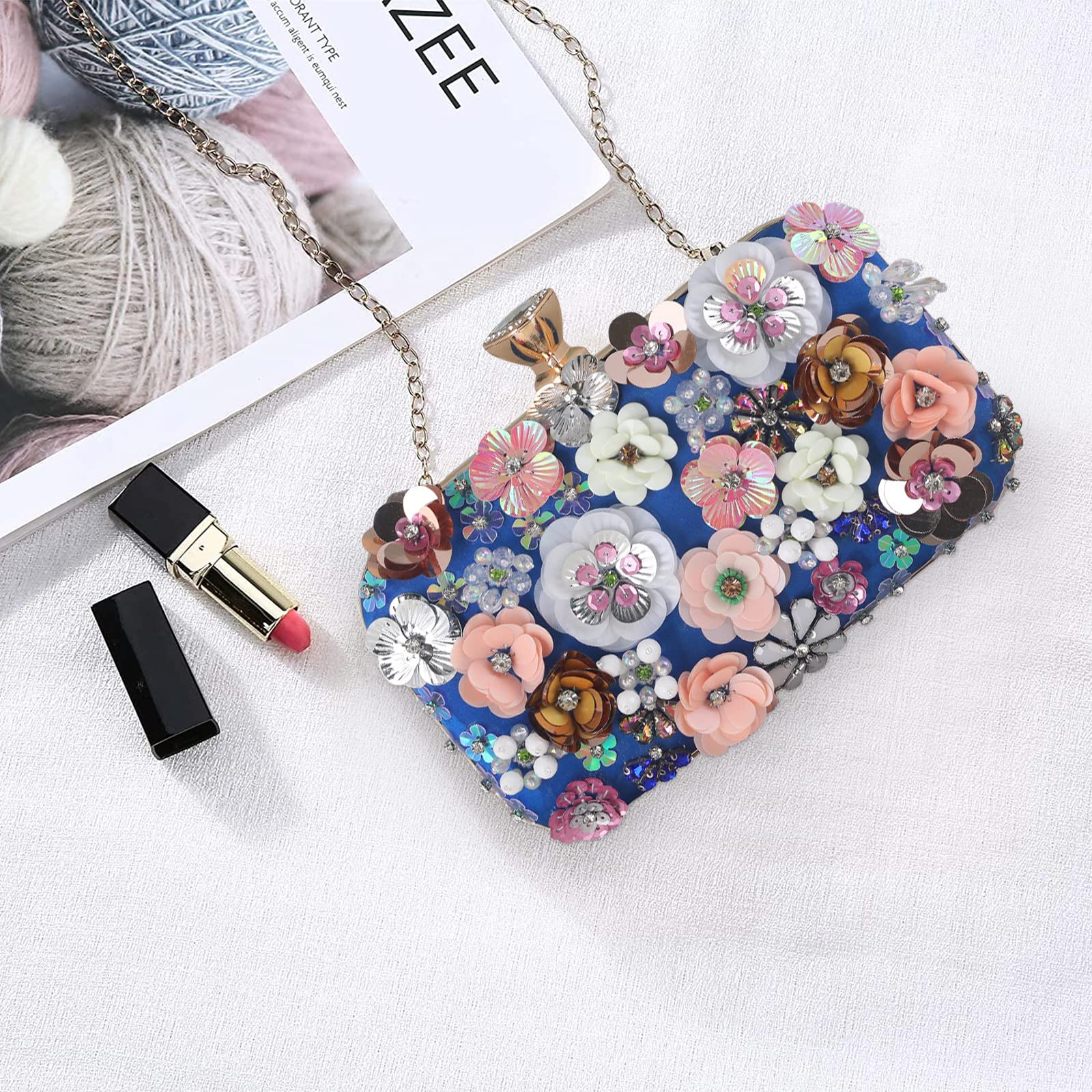 Bolsa de Noche para Mujer Flor Bolso de Boda Elegante Embrague Bolso de Hombro Bolsos Bandolera Bolsas de Mensajero para Fiesta de Graduación Banquete Boda Azul