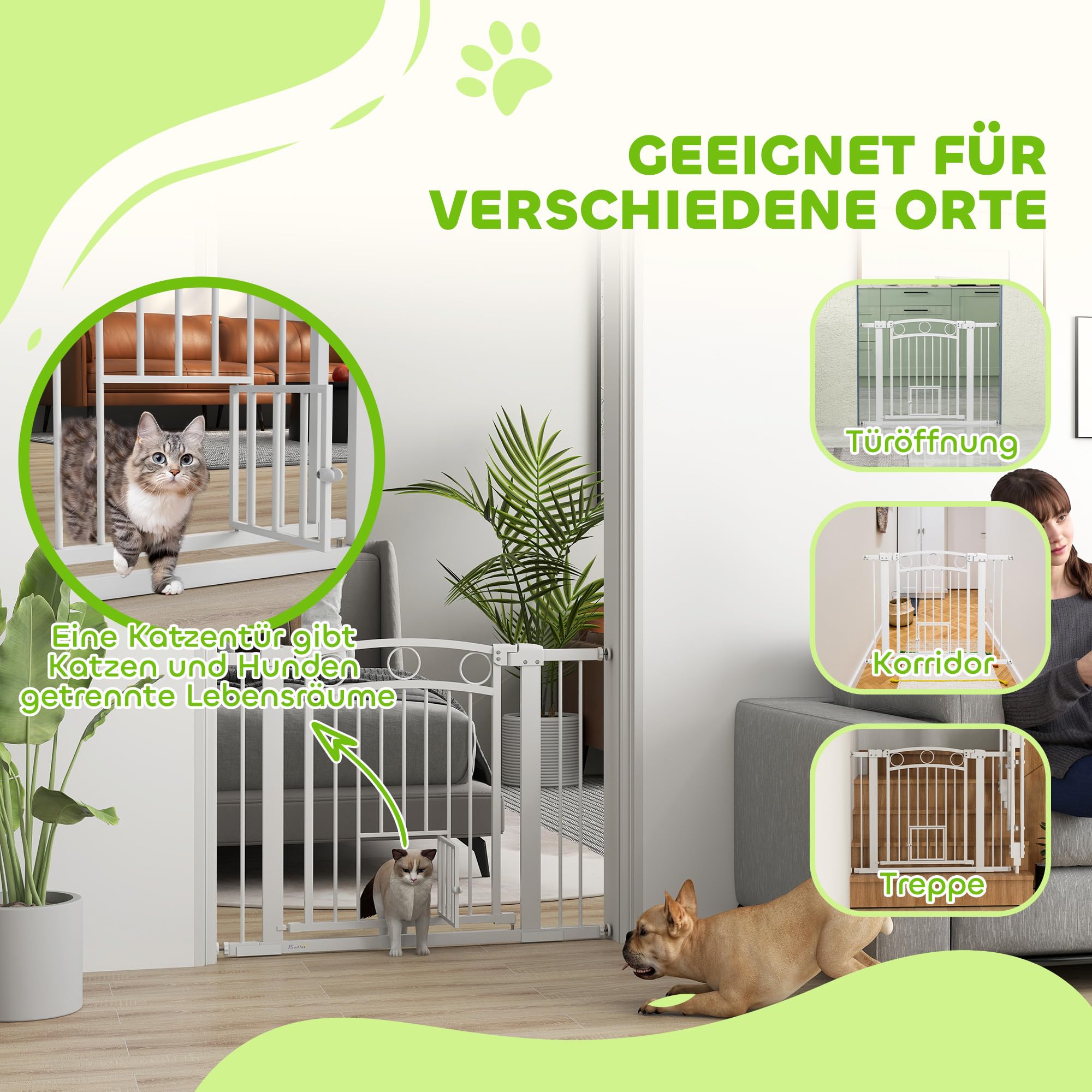 PawHut barierka ochronna do drzwi 77 cm, zabezpieczenie na schody, bramka bez wiercenia, zabezpieczenie na schody dla szerokości 76-104 cm, łatwe otwieranie jedną ręką, stal, biała