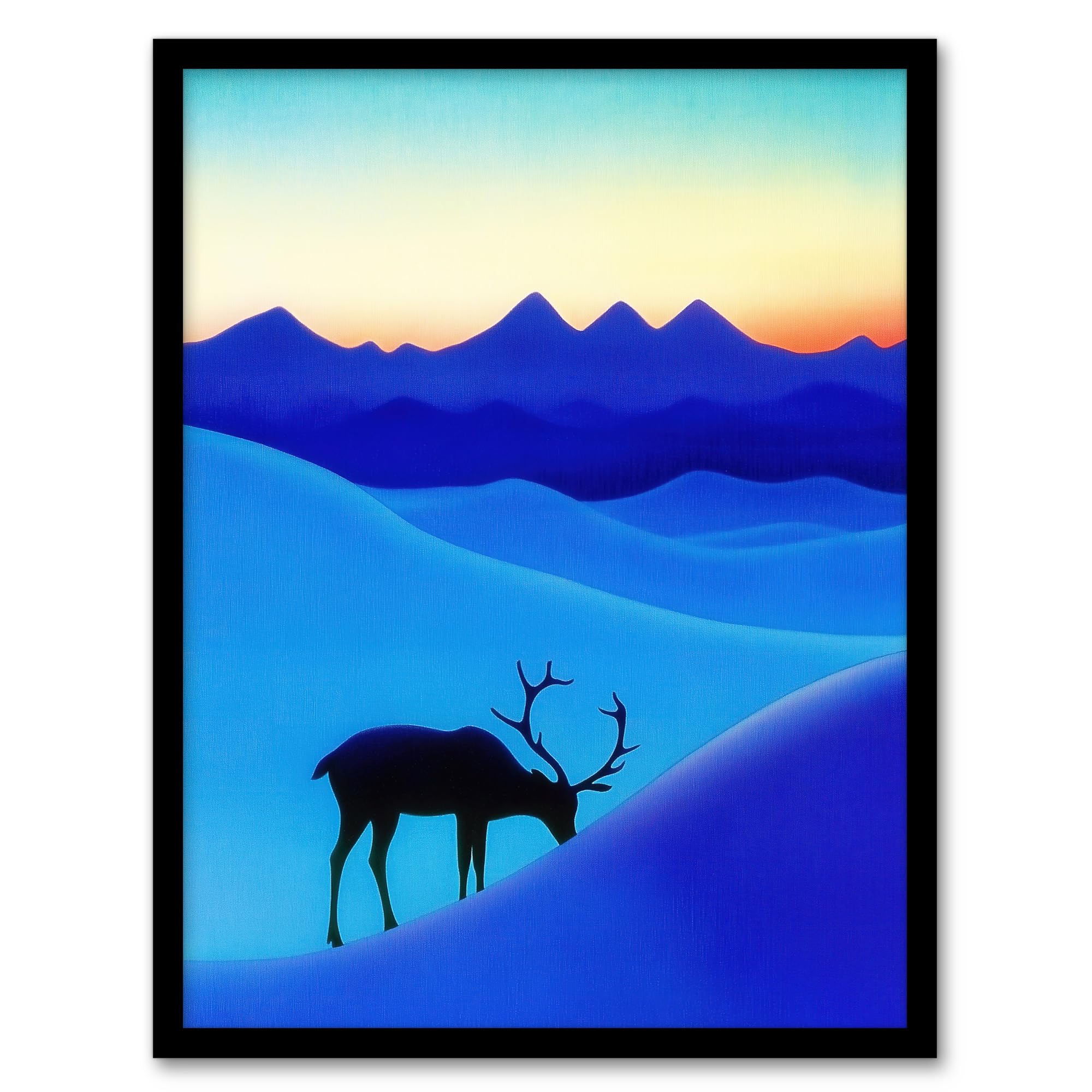Artery8 Reindeer Arctic Landscape Snow Dawn Watercolour Living Room Artwork Framed Wall Art Print A4