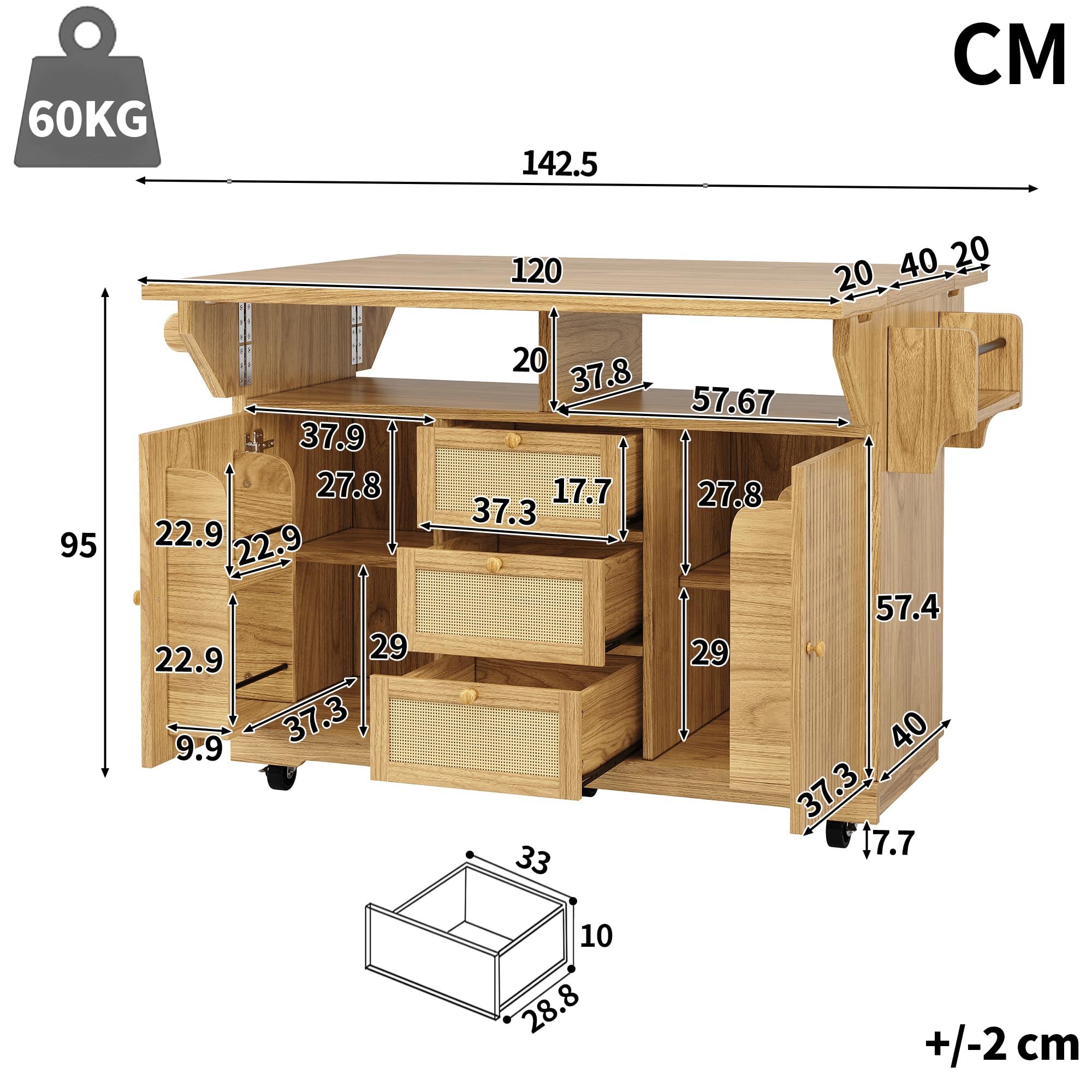 Lexiou Carro plegable para servir de cocina, 95 cm, con altura ergonómica | Cajones de ratán de polietileno para cocina, balcón y camping, color marrón oscuro