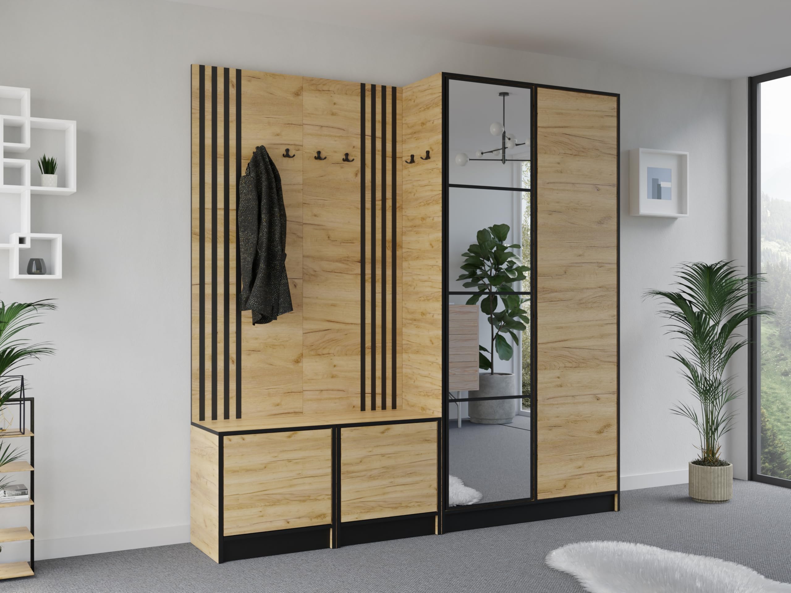 KIER FURNITURE Flurgarderobe Modern - Garderobenschrank mit Sitzbank, Haken und Schuhschrank - Flur Möbel Geräumig und Stilvoll - BxHxT 211,2x205x39cm - Craft Eiche