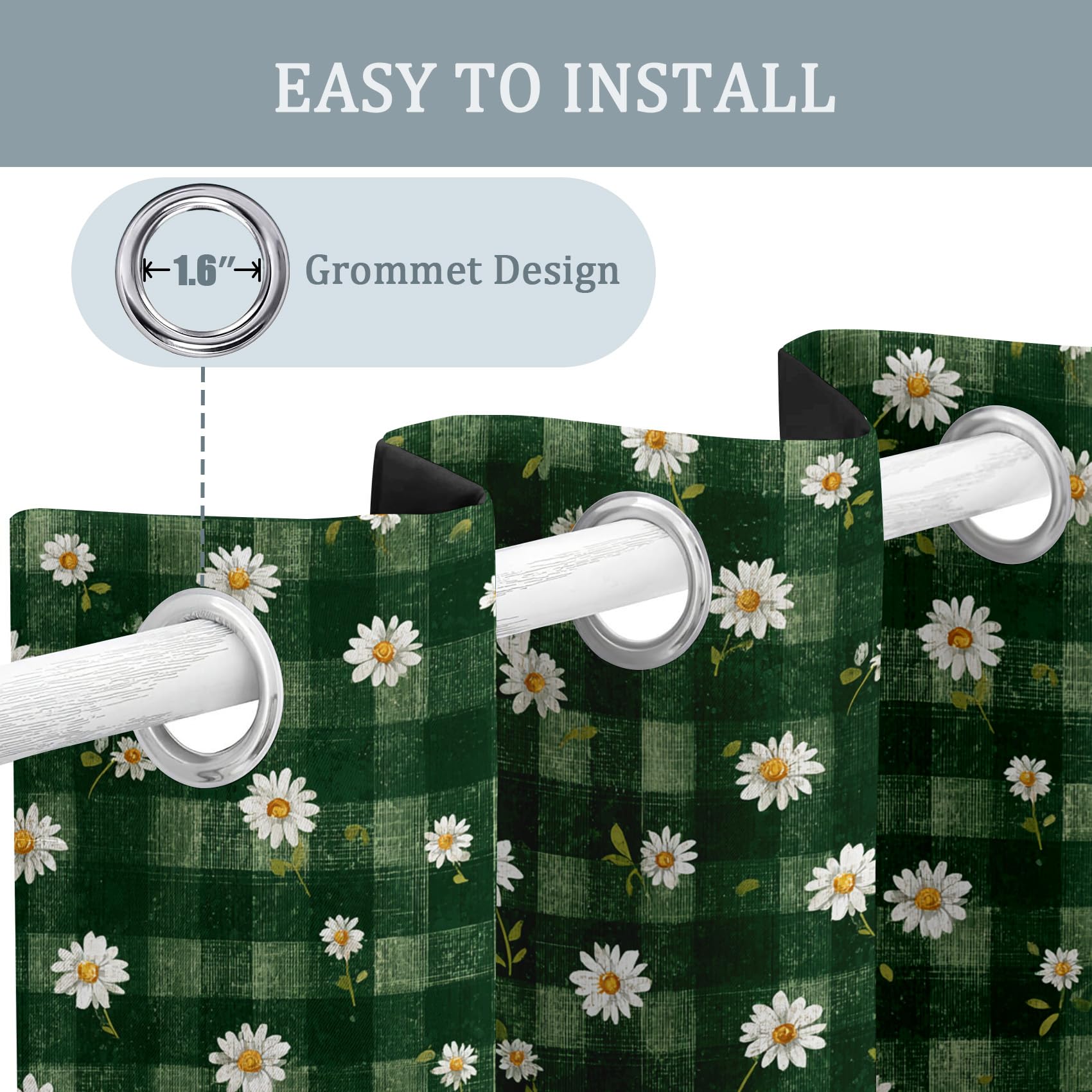 Gänseblümchen Vorhänge Mit ösen Blickdicht, Salbeigrün Blumen Karo Vorhang Schlafzimmer Wohnzimmer Küche 110 x 215 cm Lang, Übergardinen Innen Verdunklungsvorhänge