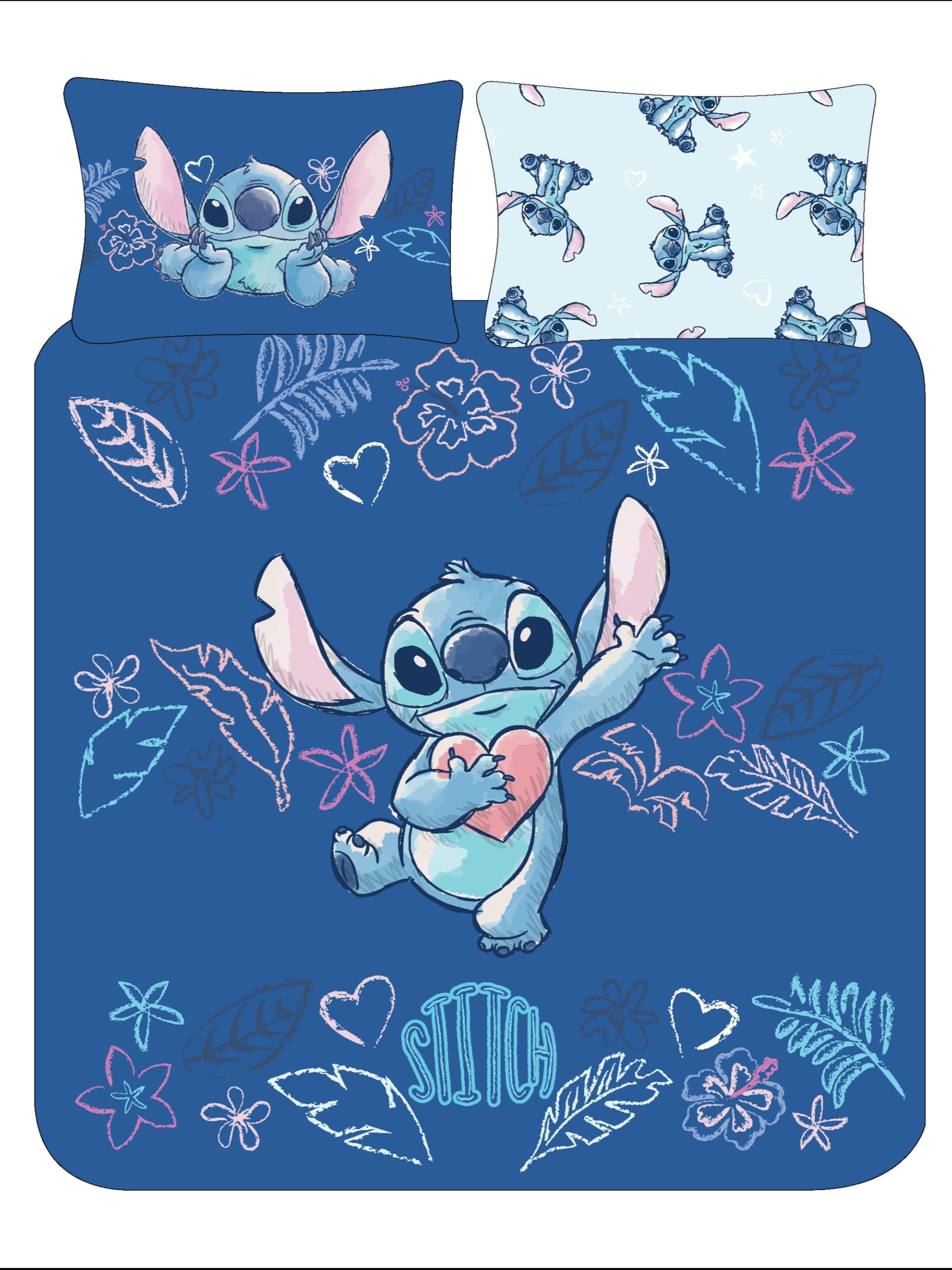Disney Girls Blue Pink White Stitch Double Duvet Cover Set With Pillowcase – Reversible Blue Polycotton Bedding – Official Lilo & Stitch Design – Easy Care, Machine Washable (Double)