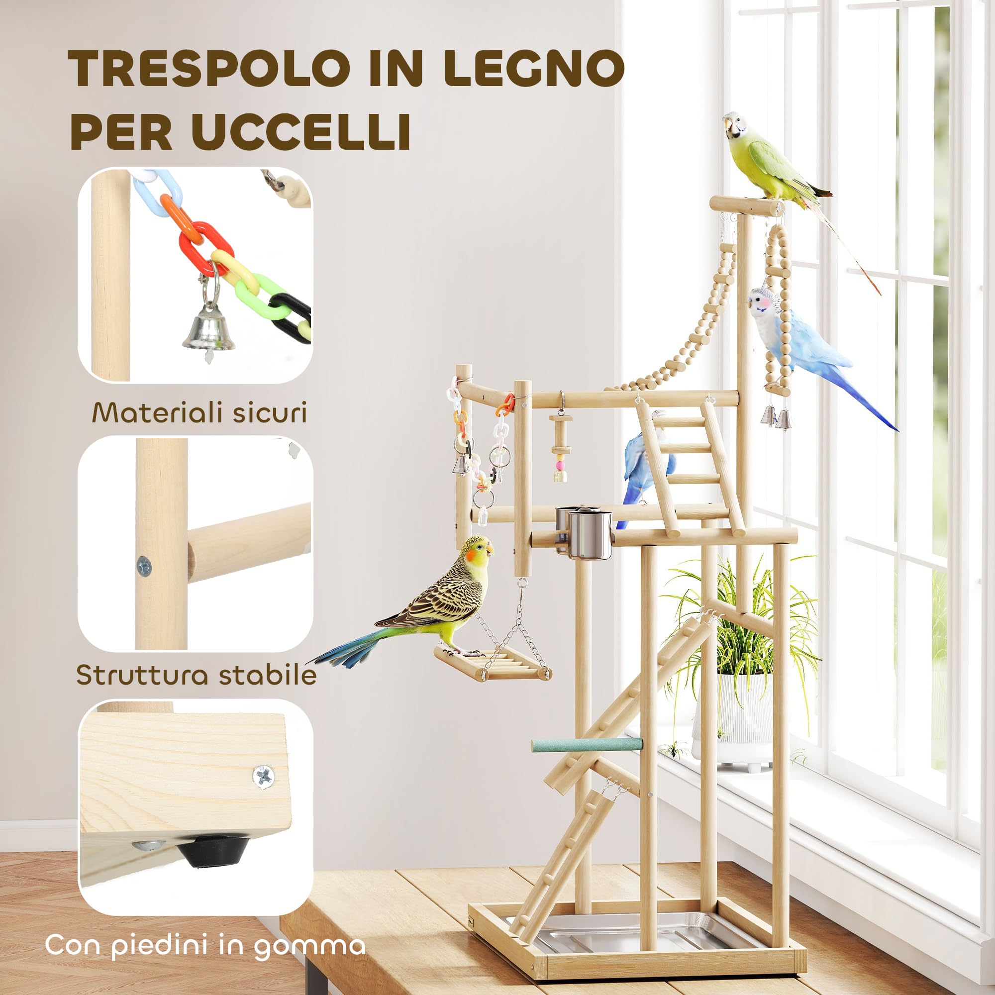 PawHut Trespolo per Pappagalli, Parco Giochi per Uccelli con Scale, Catene, Ciotole, Vassoio Rimovibile e Posatoi, per Parrocchetti, Cocorite e Conuri, Legno Naturale