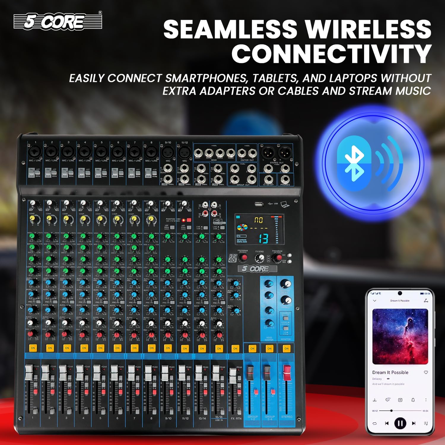 5Core DJ Audio Mixer 16 Channel Professional Stereo Sound Board w 256 digital effects USB Bluetooth 48V Phantom Power Consola De Audio for Studio Recording Podcasting DJ Show - MX 16CH XU