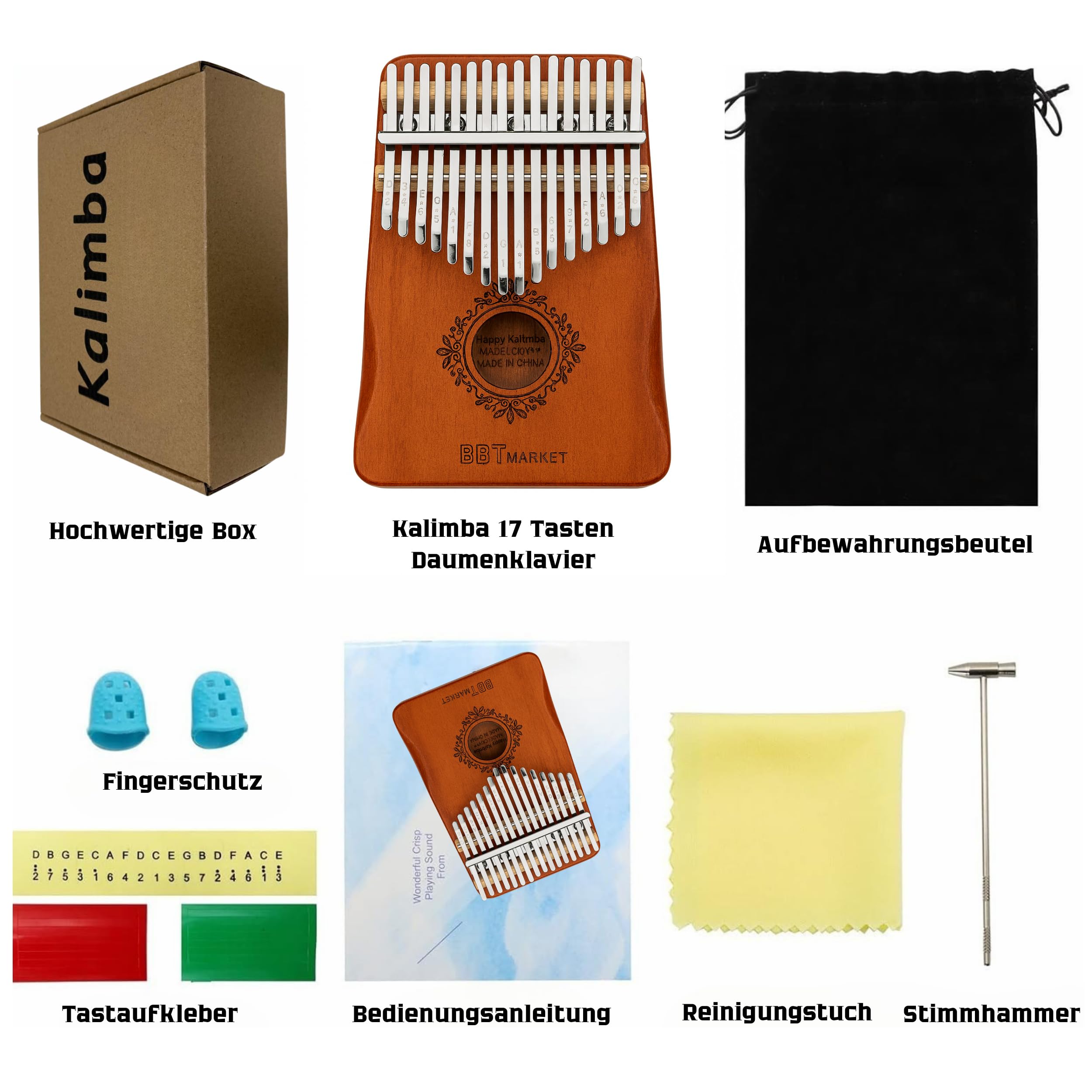 Vintage Kalimba Set 8-teiliges Fingerklavier 17 Tasten Massivholz inkl. Tasche Stimmhammer Zubehör