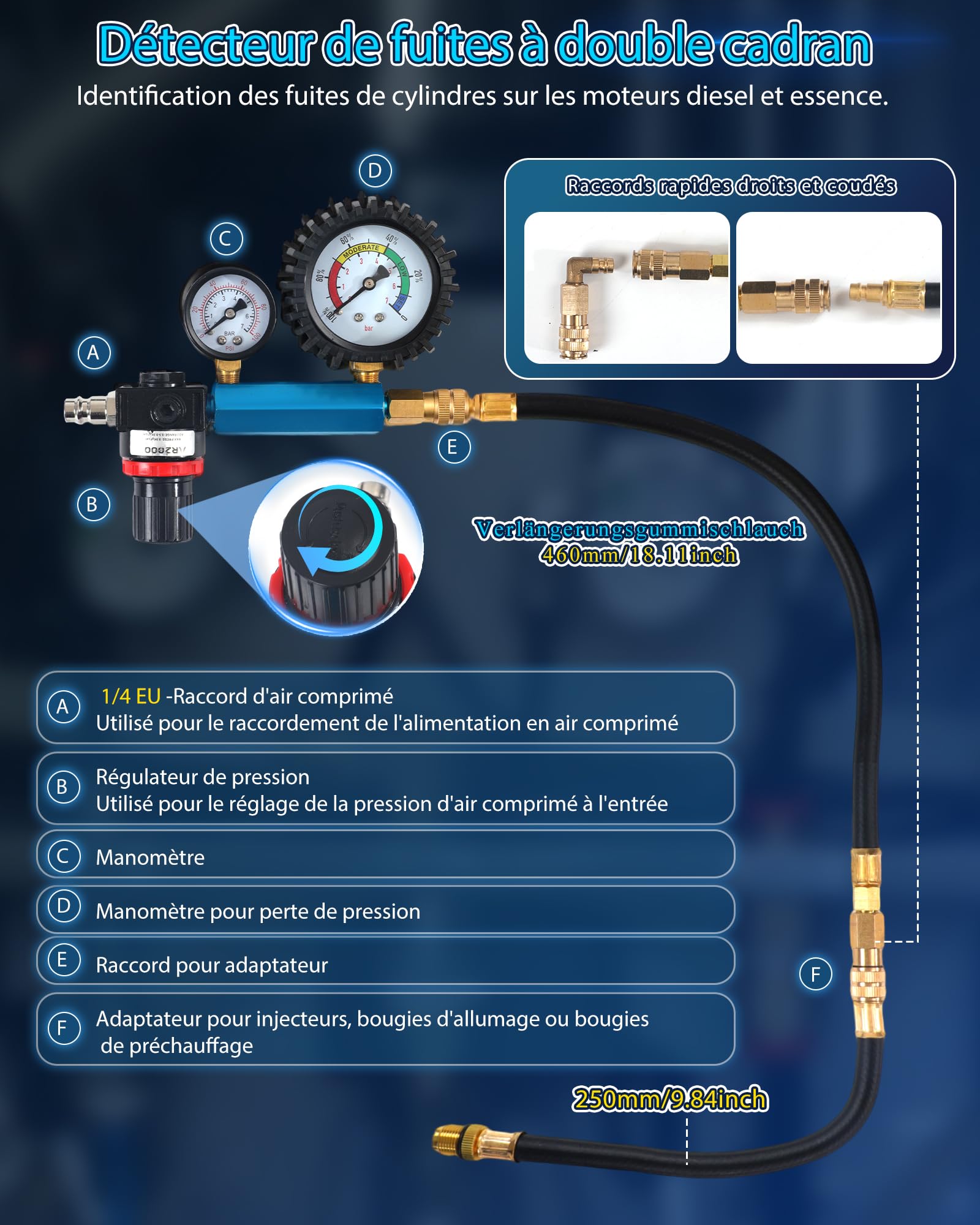 46 Pièces Kit de Testeur de Compression Automobile avec Manomètre à Double Cadran Diesel & Essence Compressiometre Test d'étanchéité cylindres Test Perte Pression pour HDi, TDCi, Pompe Injection (PD)