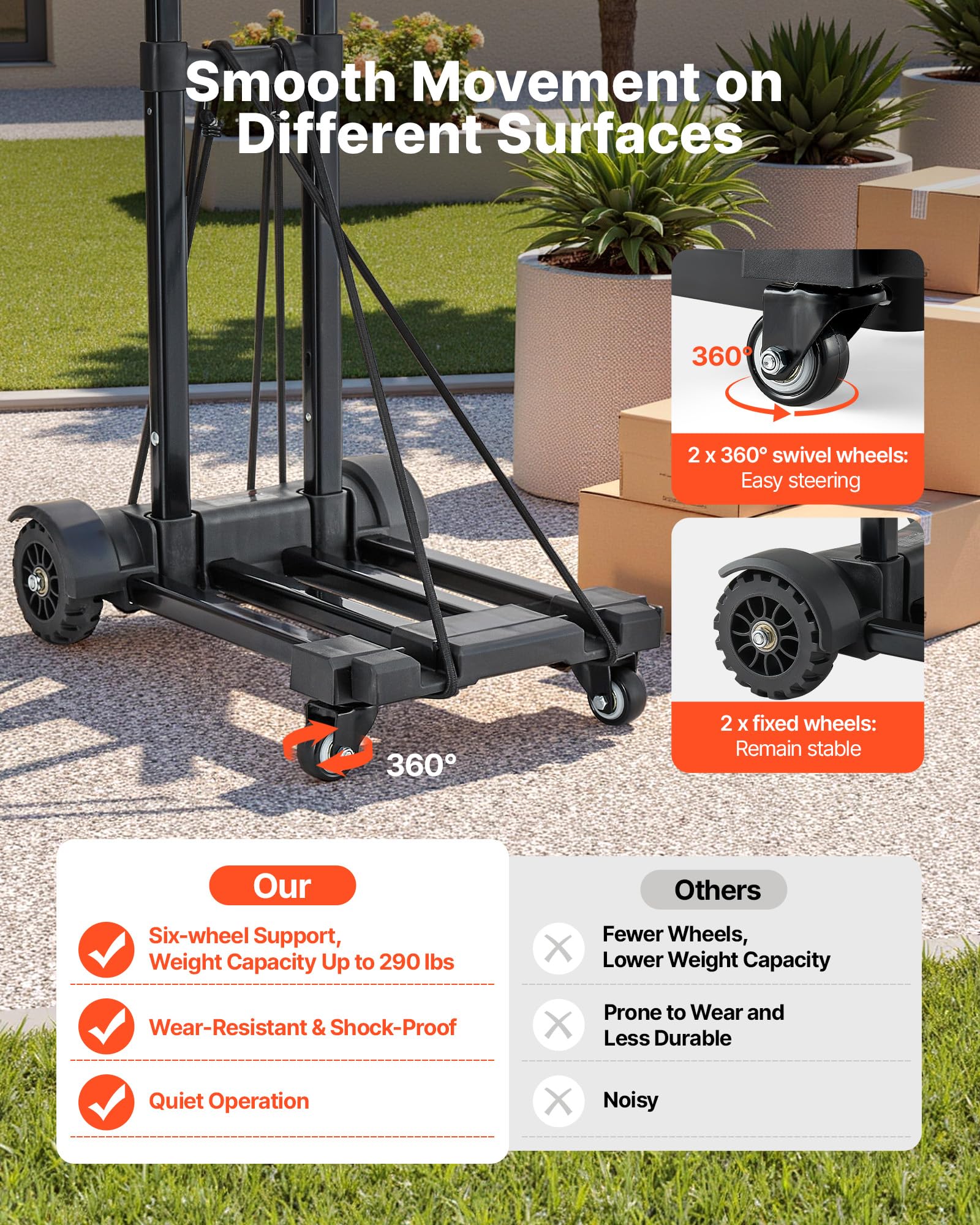 VEVOR Carrello a Mano Pieghevole, Capacità di Carico di 135 kg, Carrello Portabagagli Pieghevole con 4 Ruote, 2 Corde Elastiche e Base Espandibile, Multiuso per Trasporto Bagagli