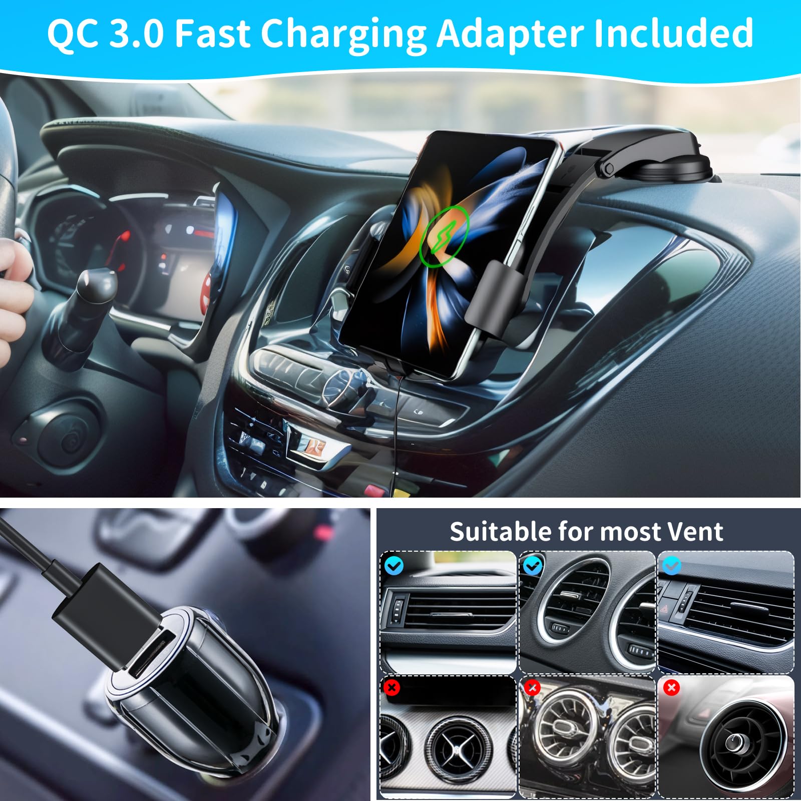 Dual Coils - Caricatore rapido wireless da auto, 15 W, con funzione di ricarica, per Samsung Galaxy Z Fold 6/5/4/3 USB QC 3.0