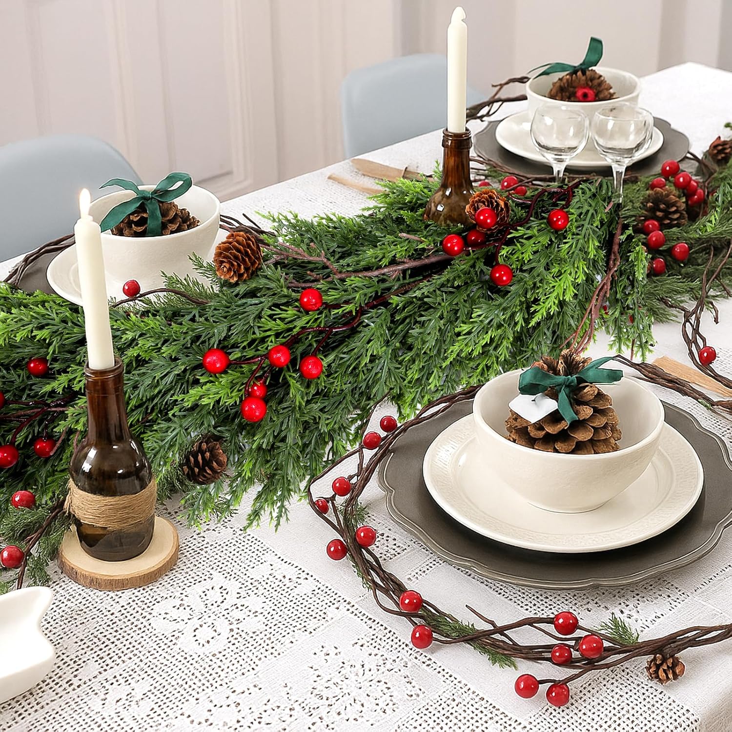 Faux Cedar Christmas Garland with Red Berries & Pine Cones – Full Faux Winter Greenery for Holiday Mantel, Staircase, Doorway, Indoor Outdoor Christmas Décor (9FT)