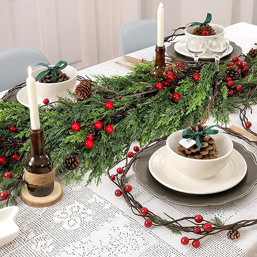 Miniatura 6 de Guirnalda de Navidad de cedro artificial con bayas rojas y piñas - Vegetación invernal artificial completa para repisa de chimenea navideña,