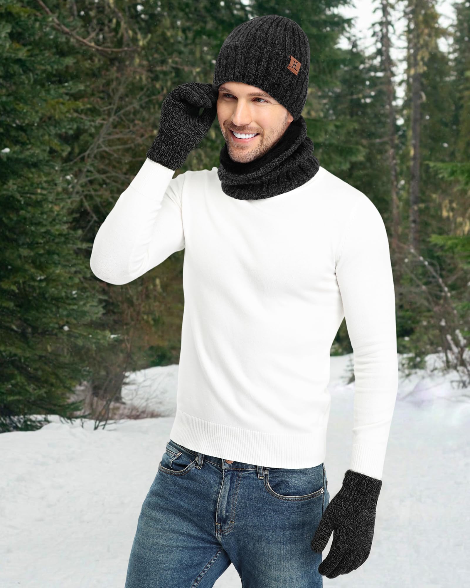 ZASFOU Męska zimowa czapka beanie, szalik, ekran dotykowy, zestaw rękawiczek, ciepła czapka zimowa, czapka z dzianiny, szal kominowy, rękawiczki zimowe, prezent na Boże Narodzenie, dla mężczyzn