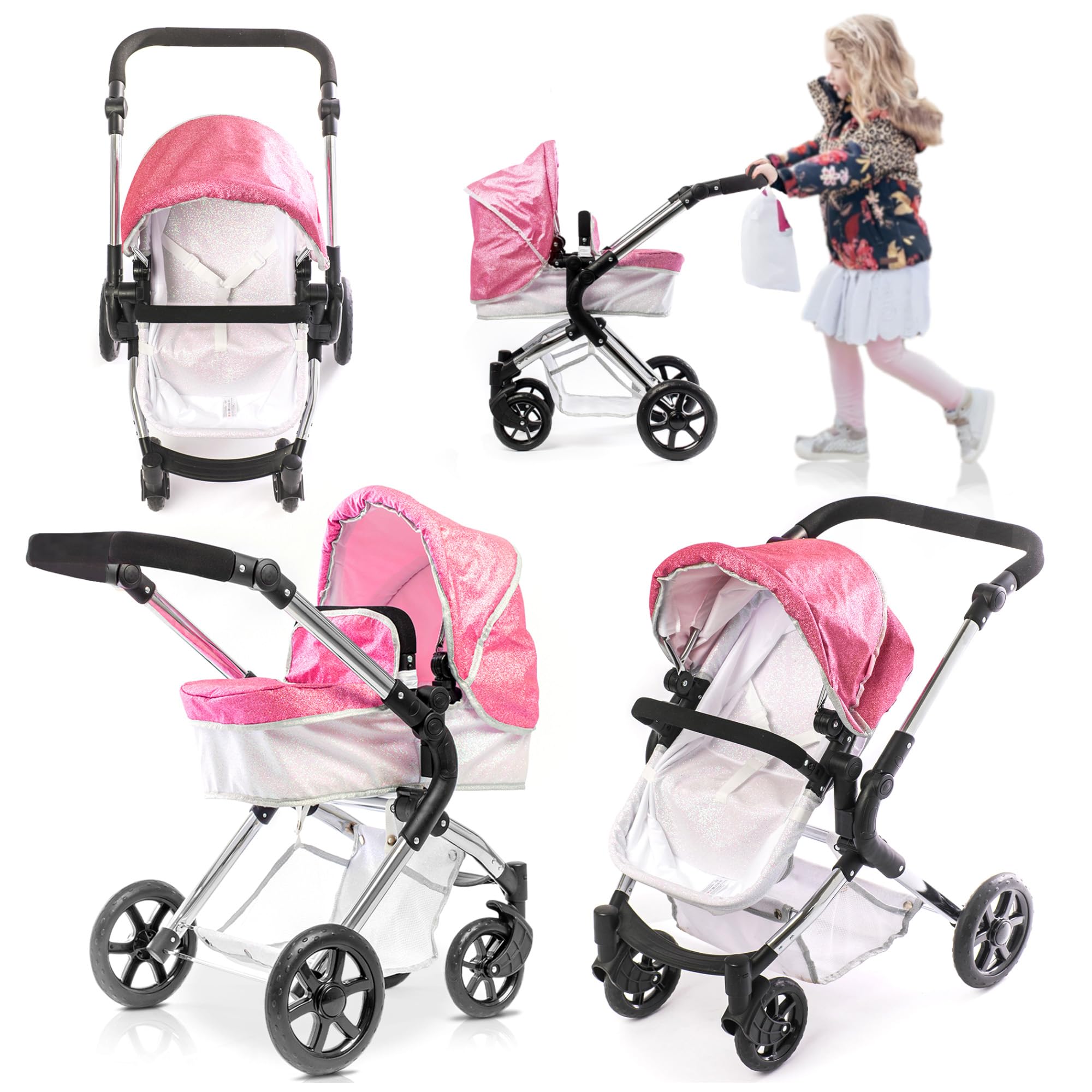 Poussette Roma Stephanie Sparkle pour poupées de 3 à 9 Ans, Poussette Rose 2 en 1 avec siège ou nacelle, Pliable pour poupée de 40 cm, idéale pour Les bébés reborns.